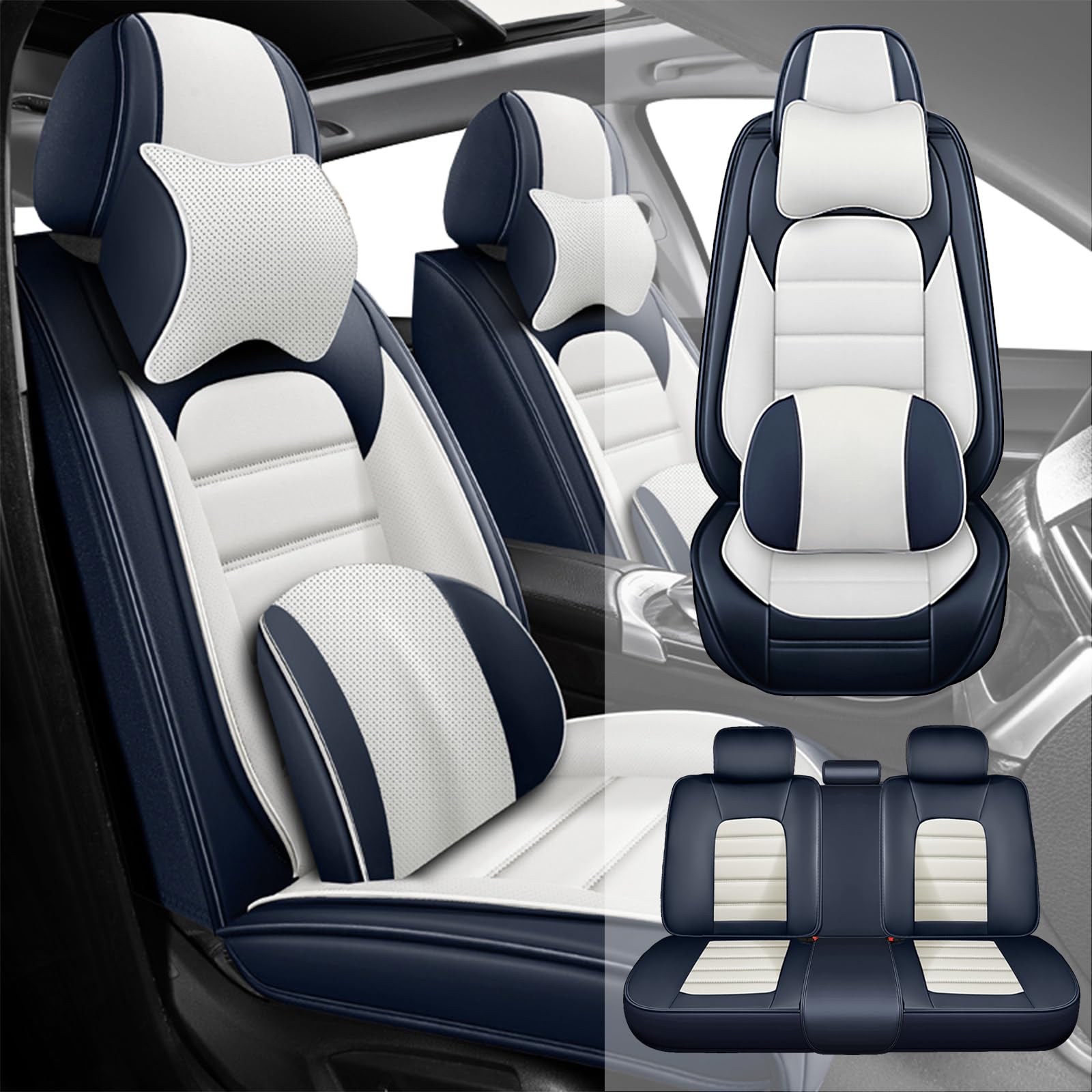 Fit for 95% of Cars SUVs Seat Covers,Car Seat Cover Protector,Waterproof Front &amp; Rear Car Seat Covers(Luxury-Blue&amp;White)