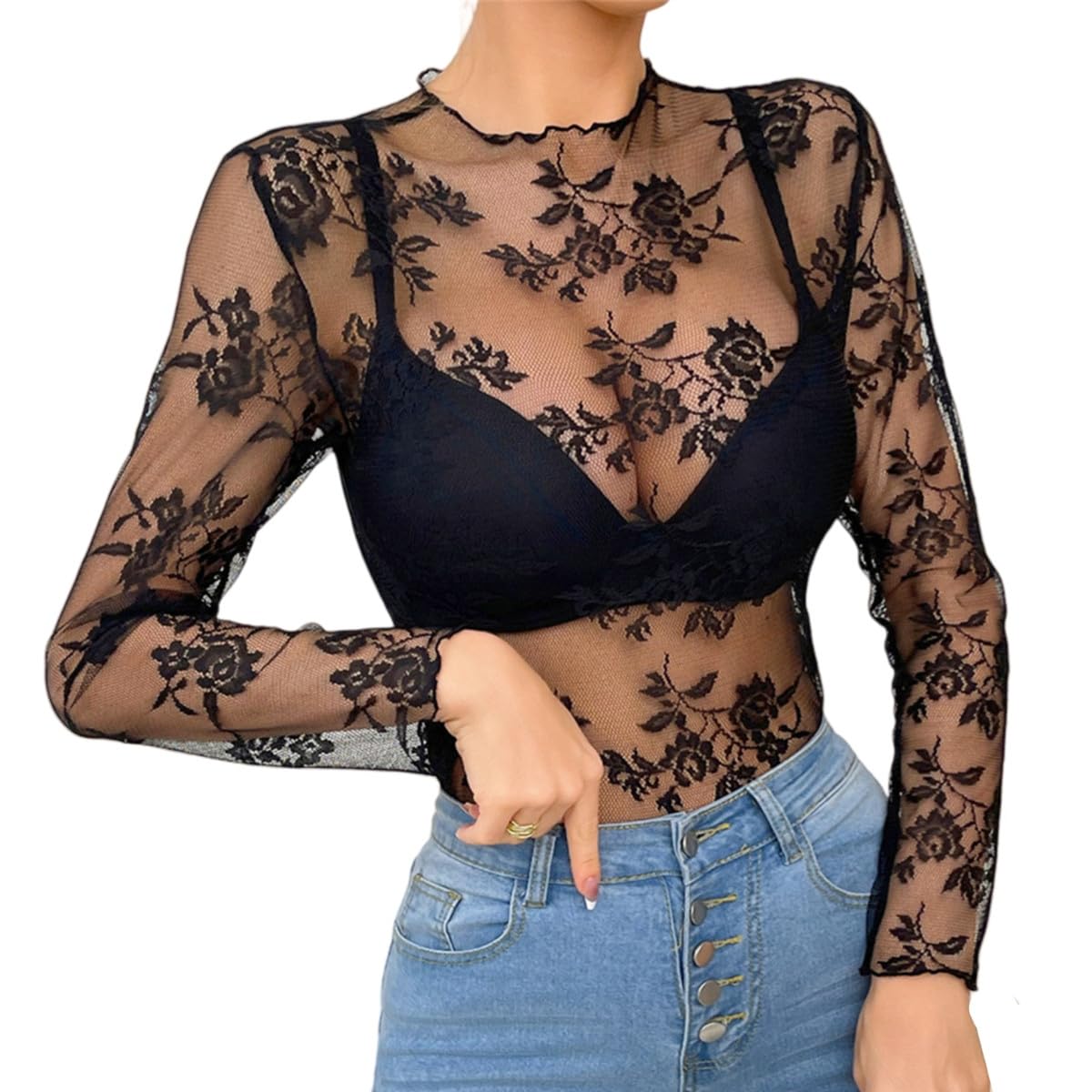 Hybursky Women's Black Sexy Sheer Lace Rose Top For See Through Mock Neck Long Sleeve Mesh T-Shirt Embroidered Flower Base Shirt Casual Lady Blouse Going Out Tops Clubwear Streetwear (-M)