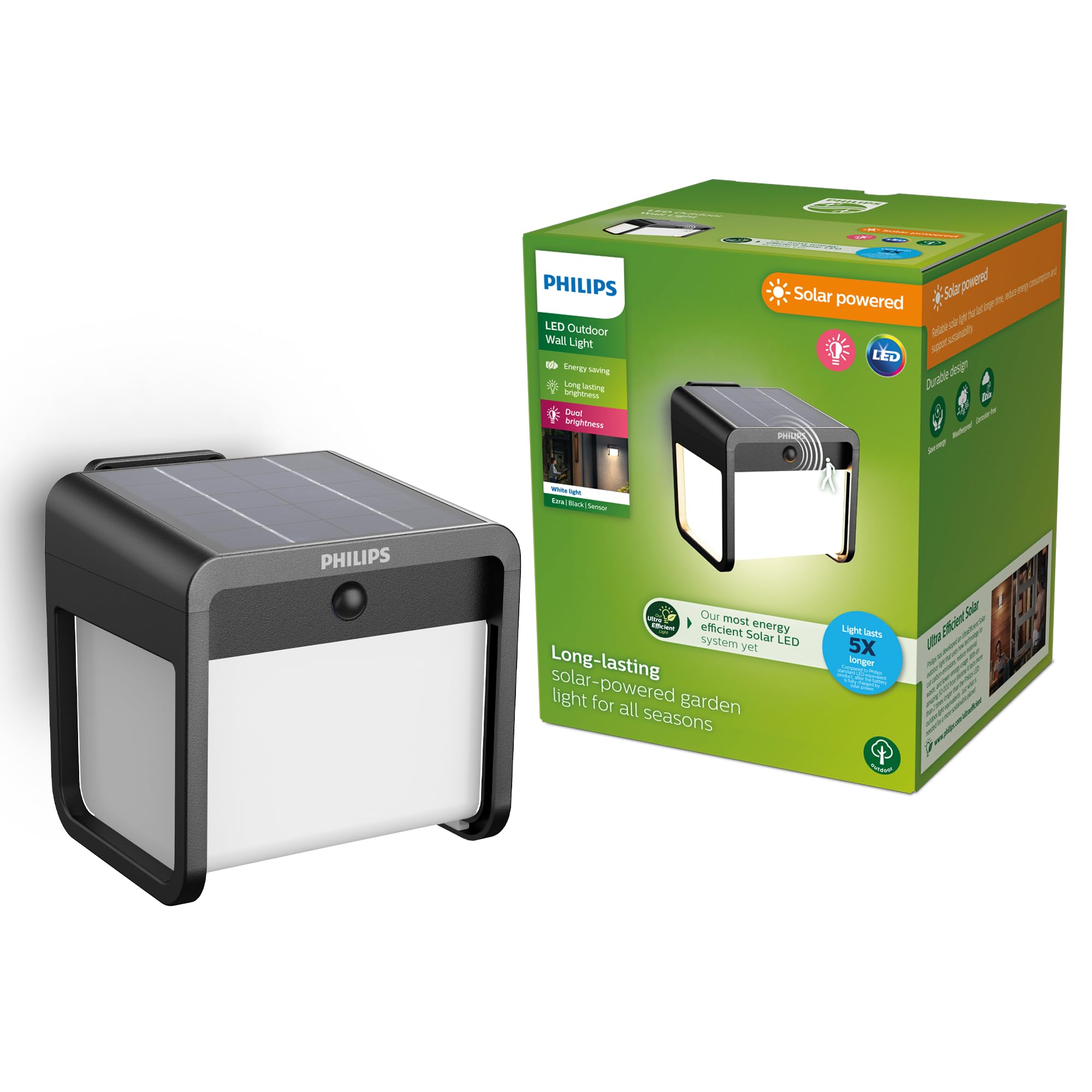 PHILIPS Ezra ultraeffiziente Solar-Wandleuchte für den Außenbereich mit Sensor, 3000K weißes Licht, 250/25lm, Schwarz