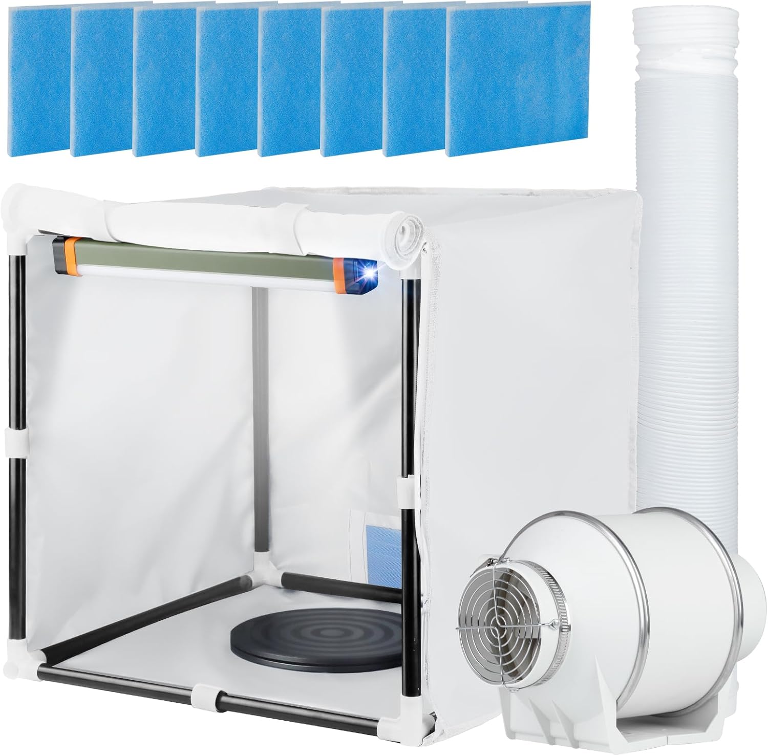 Airbrush Booth, Siebwin 16.5 * 16.5 * 16.5 inch Portable Hobby Airbrush Paint Spray Booth Kit with Powerful Duct Fans, High Bright Light, Turntable and Filter Hose for Model Craft Nail Toy Part Small with LED