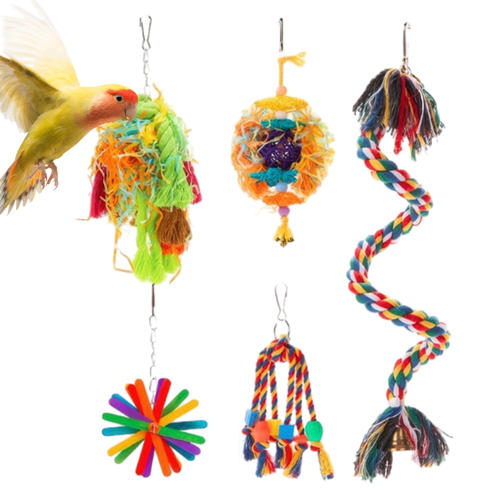 Vogelkauspielzeug | 5 Stück/Set Kauspielzeug für Sittiche | Kauspielzeug für Sittiche mit Baumwollse, Rattanball, buntes Käfigzubehör aus geschreddertem Papier für Sittiche, Wellensitti