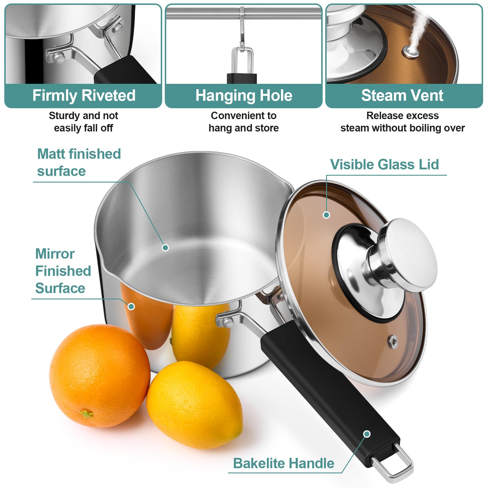 Onader 16cm Saucepan, Tri-Ply Stainless Steel Sauce Pan with Glass Lid - Image 4