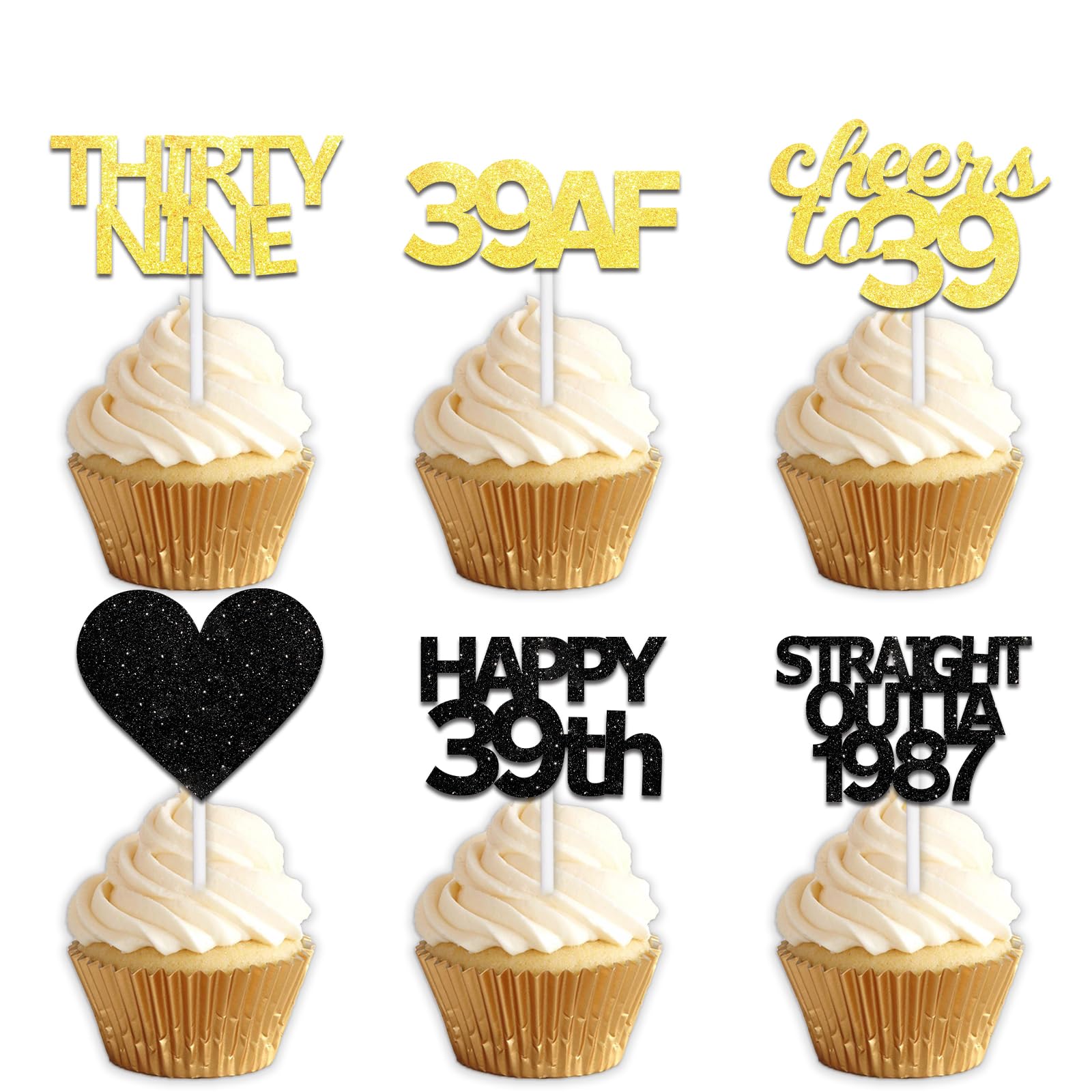 18pcs Black Gold Glitter Dessert Cupcake Pick for Straight Outta 1987 Cheer to 39 Years Old Theme Decor Supplies Happy 39th Birthday Party Decoration