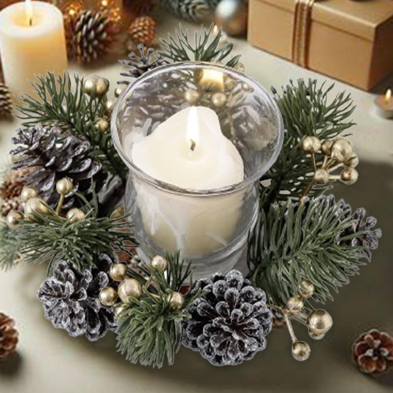 Couronne De Bougie Avec Fleurs Et Baies Rouges – Décoration De Noël Pour Cheminée, Table, Fenêtre