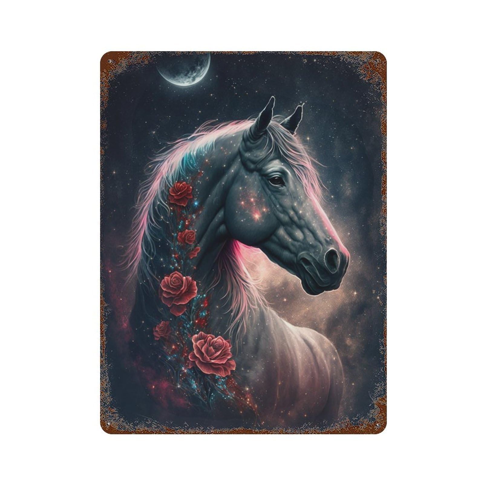 Vintage Rust Metal Sign Magical Unicorn with Roses 15.7"x11.8", Old School Wall Decor for Office, Studio And Wall Decor