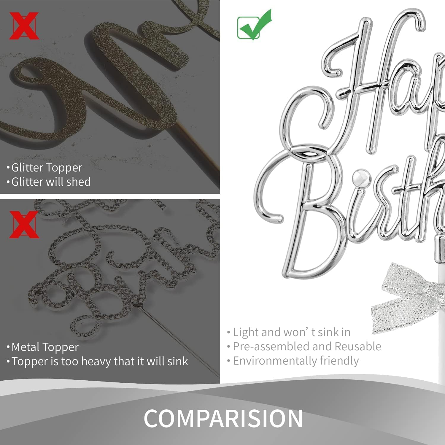 AMFIN® Happy Birthday Cake Toppers Set for Birthday Cake Supplies Decoration Accessories/Decorating Items - Silver - Image 4 thumbnail