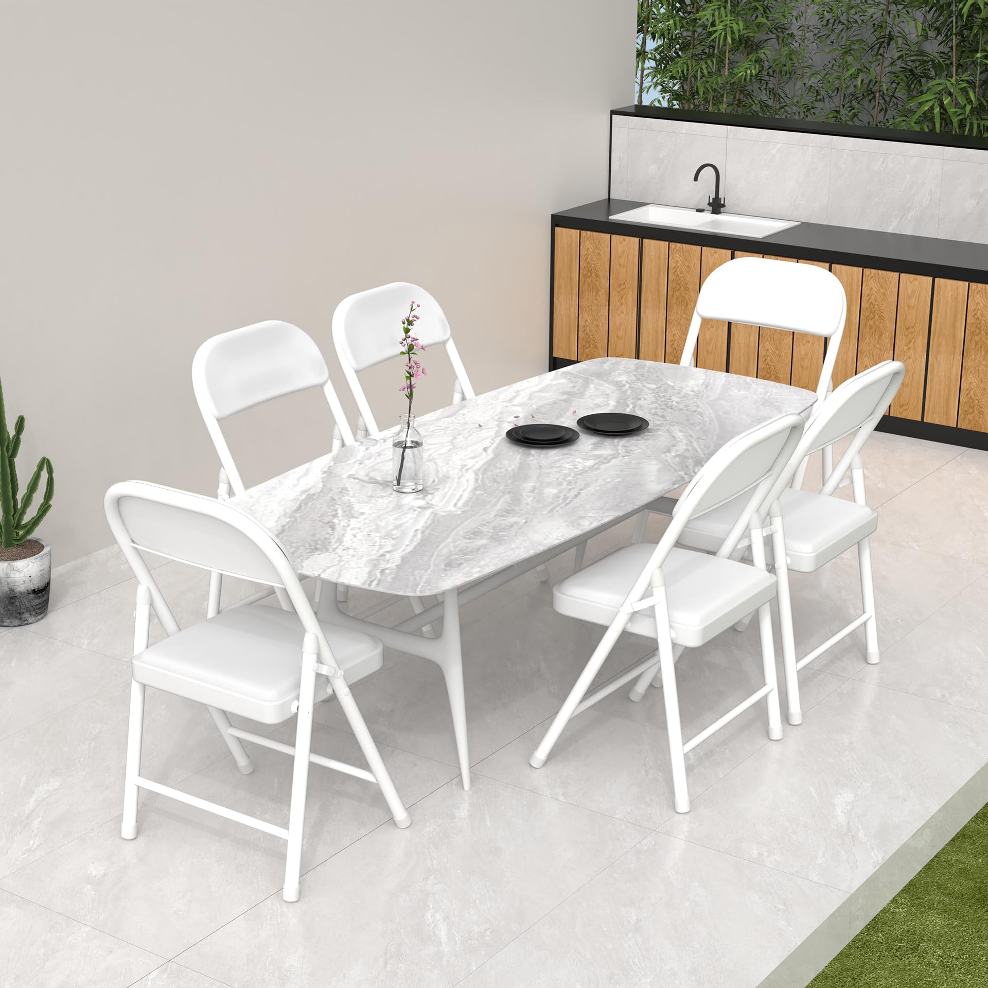 Set di 4 sedie pieghevoli, sedie da sala da pranzo in PU, telaio in metallo, con schienale, 47 x 32 x 98 cm, per soggiorno, ufficio, sala da pranzo, bianco