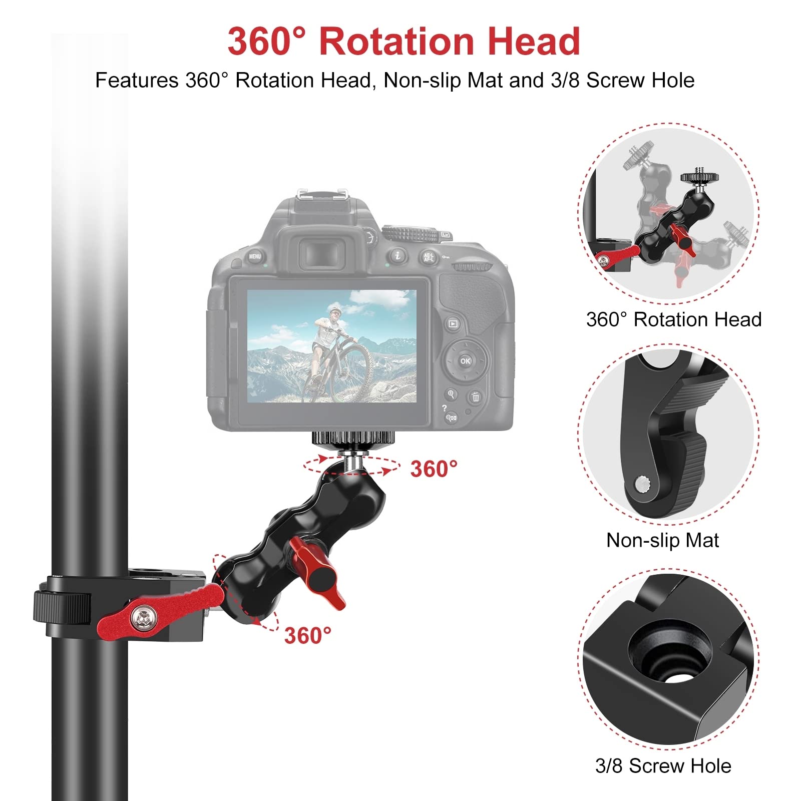 Brazo mágico universal para cámaras DSLR, cabeza de bola doble con adaptador de zapata fría y tornillo de 1/4 pulgadas, construcción de aleación de aluminio