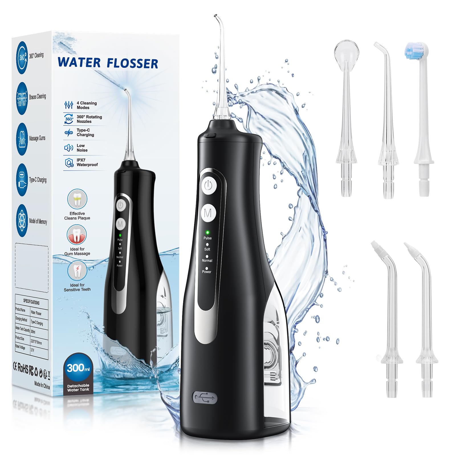 Water Dental Flosser Teeth Pick - 4 Modes Cordless Oral Irrigator - 300ML Portable and Rechargeable IPX7 Waterproof - Water Dental Piks for Cleaning for Home Travel - Oral Dental Care Fsa - Hsa