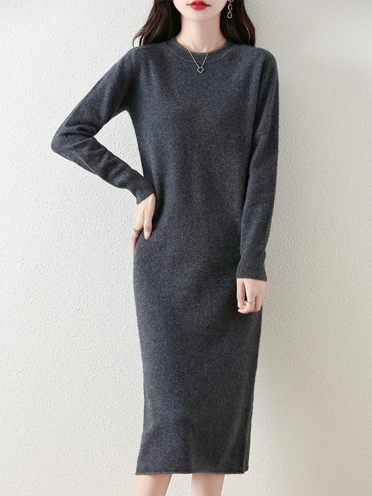 Autumn Winter Women Wool Knitwear Pullover Dress Soild Color O-Neck Loose Soft Long Sleeve Skirts