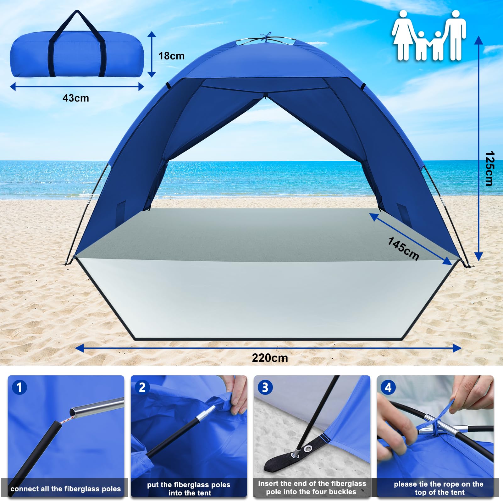 Tenda da Spiaggia, Tenda Mare Spiaggia Portatile per 3-4 Persone Anti-UV 50+ con Portico Esteso con Cerniera Leggero per Picnic, Spiaggia, Giardino, Pesca