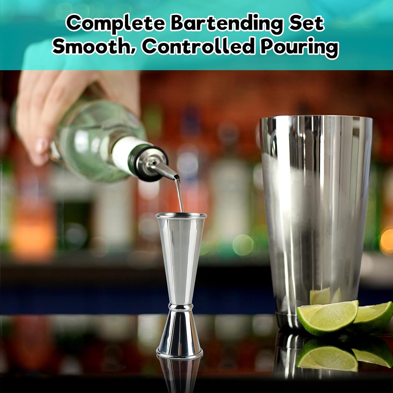 Double Cocktail Jigger Bartending Set Japanese Premium 304 Stainless Steel Jiggers 2 OZ 1 OZ with Measurements Inside Shot Measure Jigger with 2 Pourers &1 Bar Spoon Bartender Tool Accessories(Silver