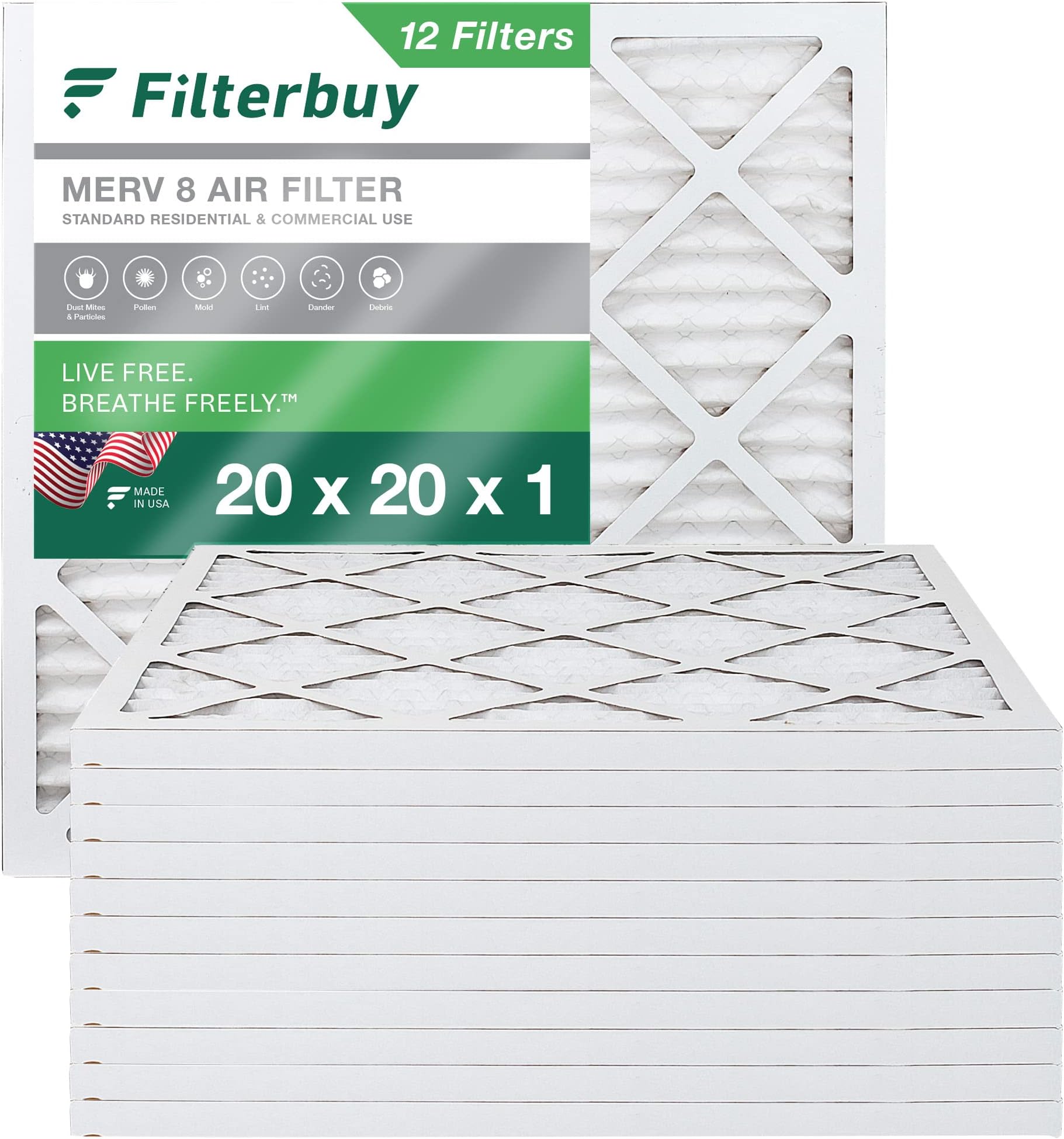 FilterBuy20x20x1 Air Filter MERV 8 Dust Defense (12-Pack), Pleated HVAC AC Furnace Air Filters Replacement (Actual Size: 19.50 x 19.50 x 0.75 Inches)