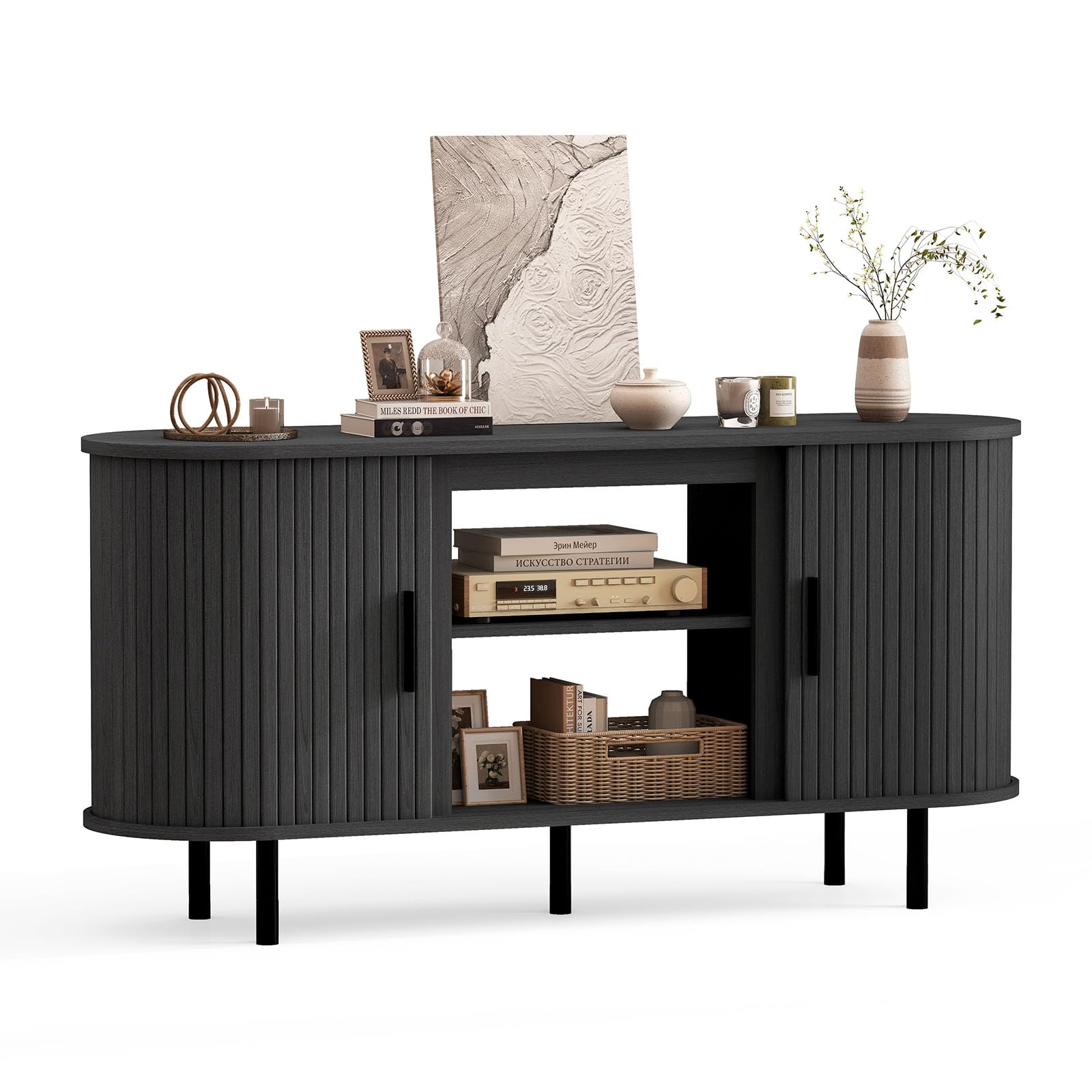 Quiniver 55" Curved Fluted TV Stand Sliding Door Media Unit for Up To 65"