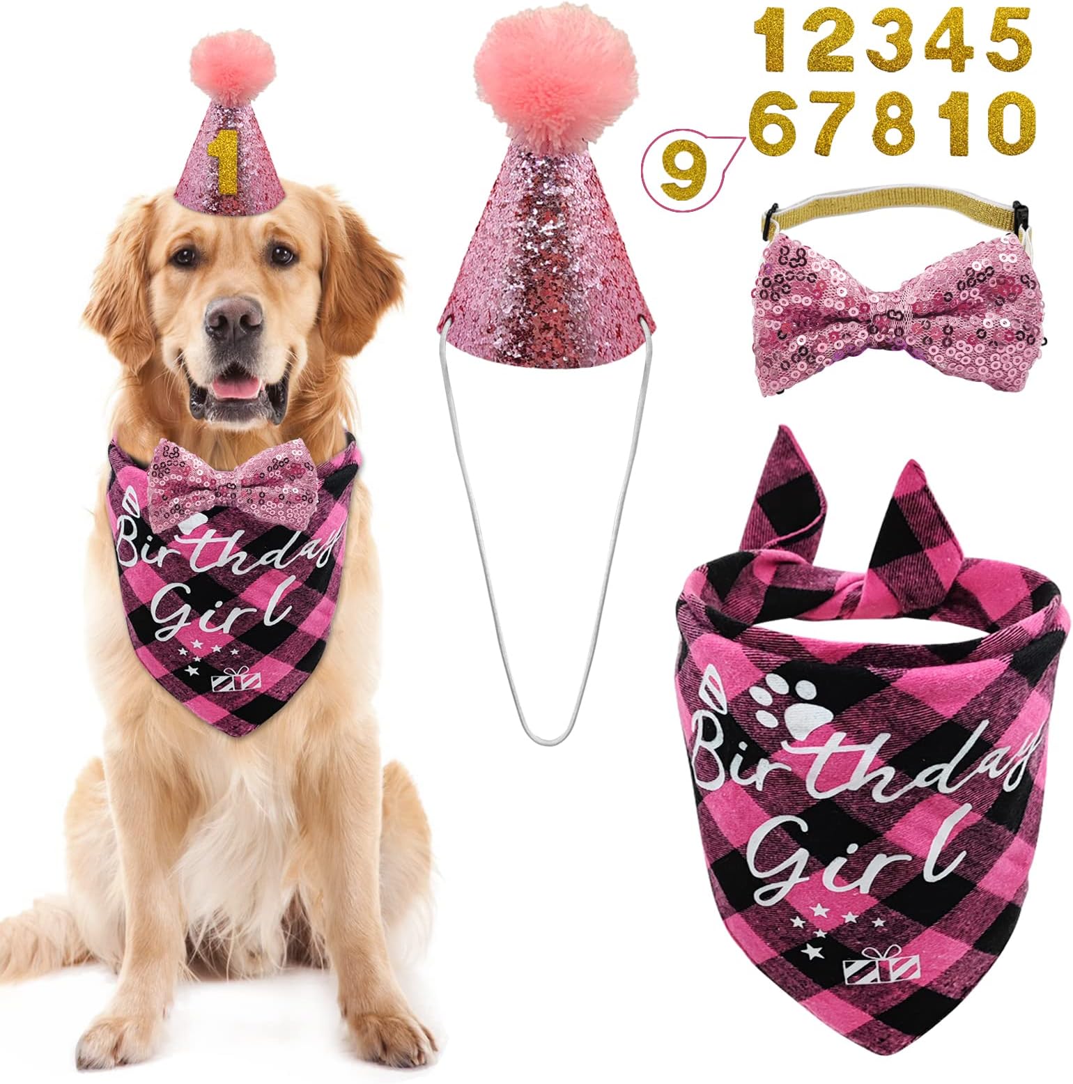 Dog Birthday Party Supplies, LMSHOWOWO Girl Dog Birthday Bandana Hat Set, | Reusable Cute Dog Birthday Hat with Number Bow Tie for Small Medium Large Dog Pet (Pink)
