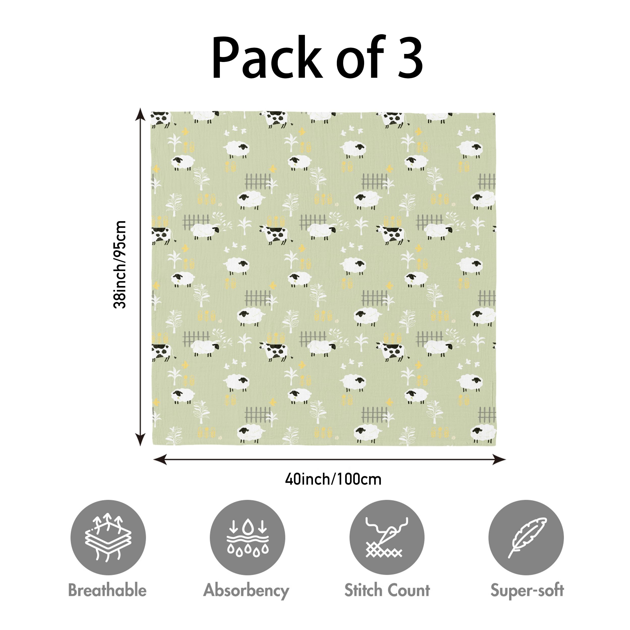 Soarwg Kids Muslin Swaddle Baby Blanket Muslin Cloths for Newborns Pack of 3 Muslin Blanket, Large 95 x 100cm for Baby Shower Leaves - Image 2