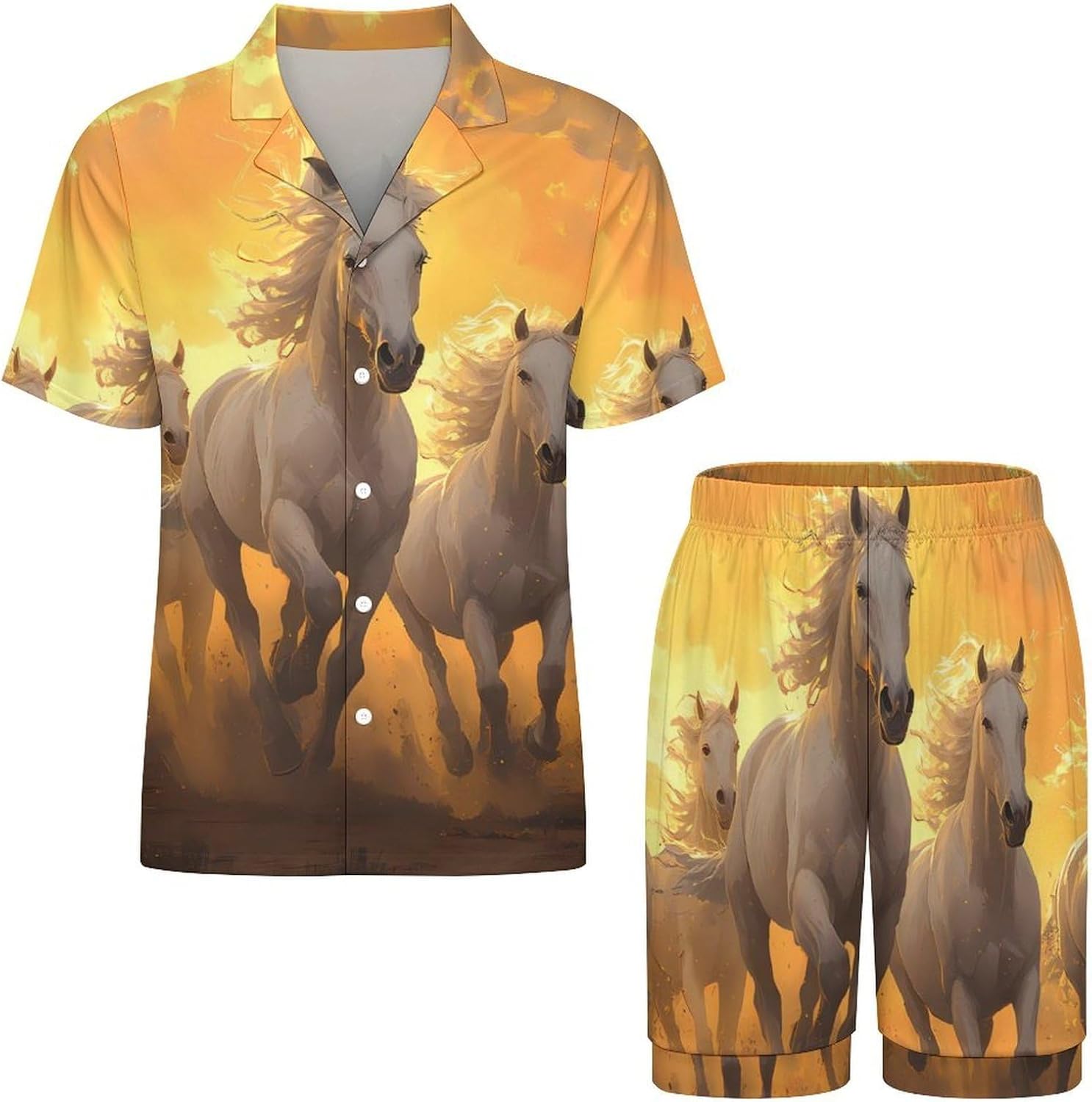 Horses Running in The Sunset Men's Short Sleeve Pajama Set Satin Silk Like Lounge Sleepwear