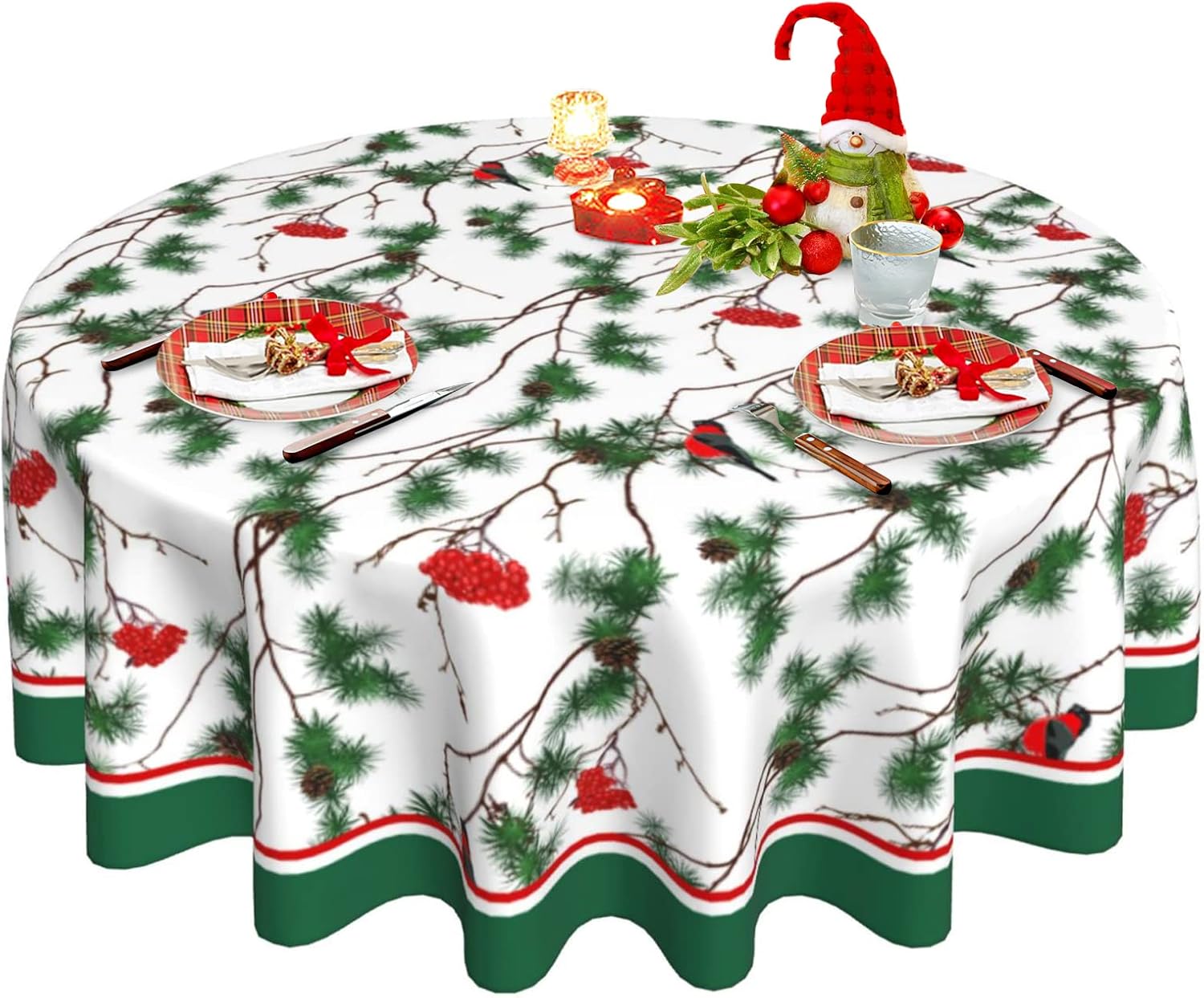 Christmas Tablecloth Round Tablecloth 60 Inch, Green Holly