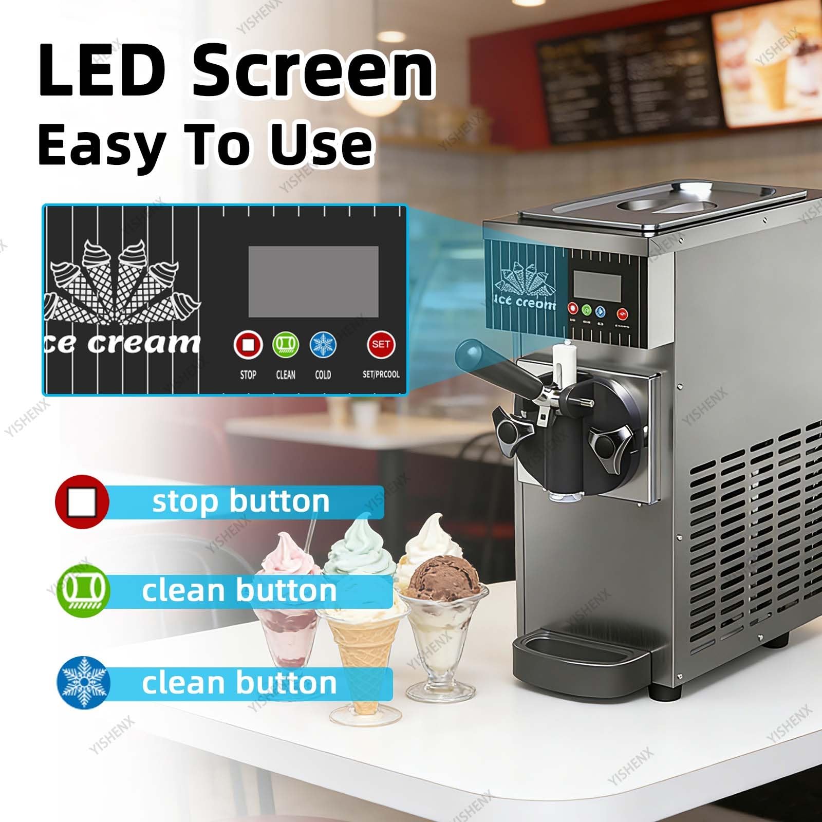 Máquina De Sobremesa Para Helado Suave 450 W, Enfriamiento Rápido, 4-5 L/H, Capacidad 3,5 Litros, Dureza Ajustable, Limpieza Automática, Un Solo Sabor, Cuerpo Acero Inoxidable(Gray)