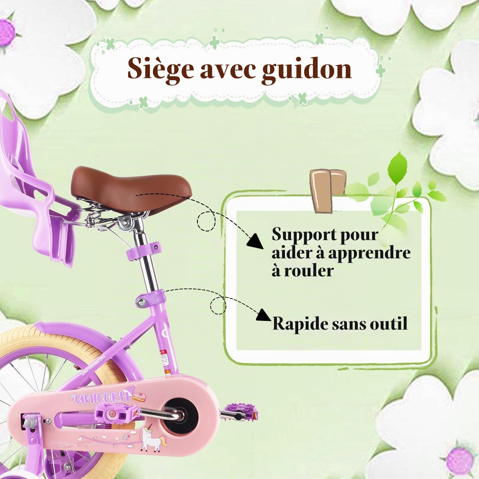RULLY Vélo Enfant de 16 Pouces pour Filles de 4 à 7 Ans avec Roues stabilisatrices, Frein Avant, Panier, Rubans décoratifs, Violet