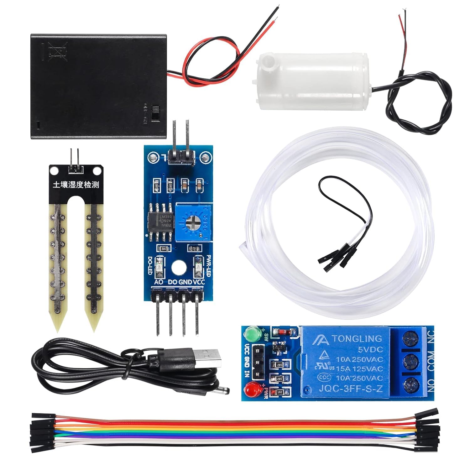 DY Smart Plant Watering System Kit with Soil Moisture Sensor, Relay Module, Mini Submersible Pump, Jumper Wires, Battery Holder and Pipe for Rduino UNO Automatic Irrigation Projects