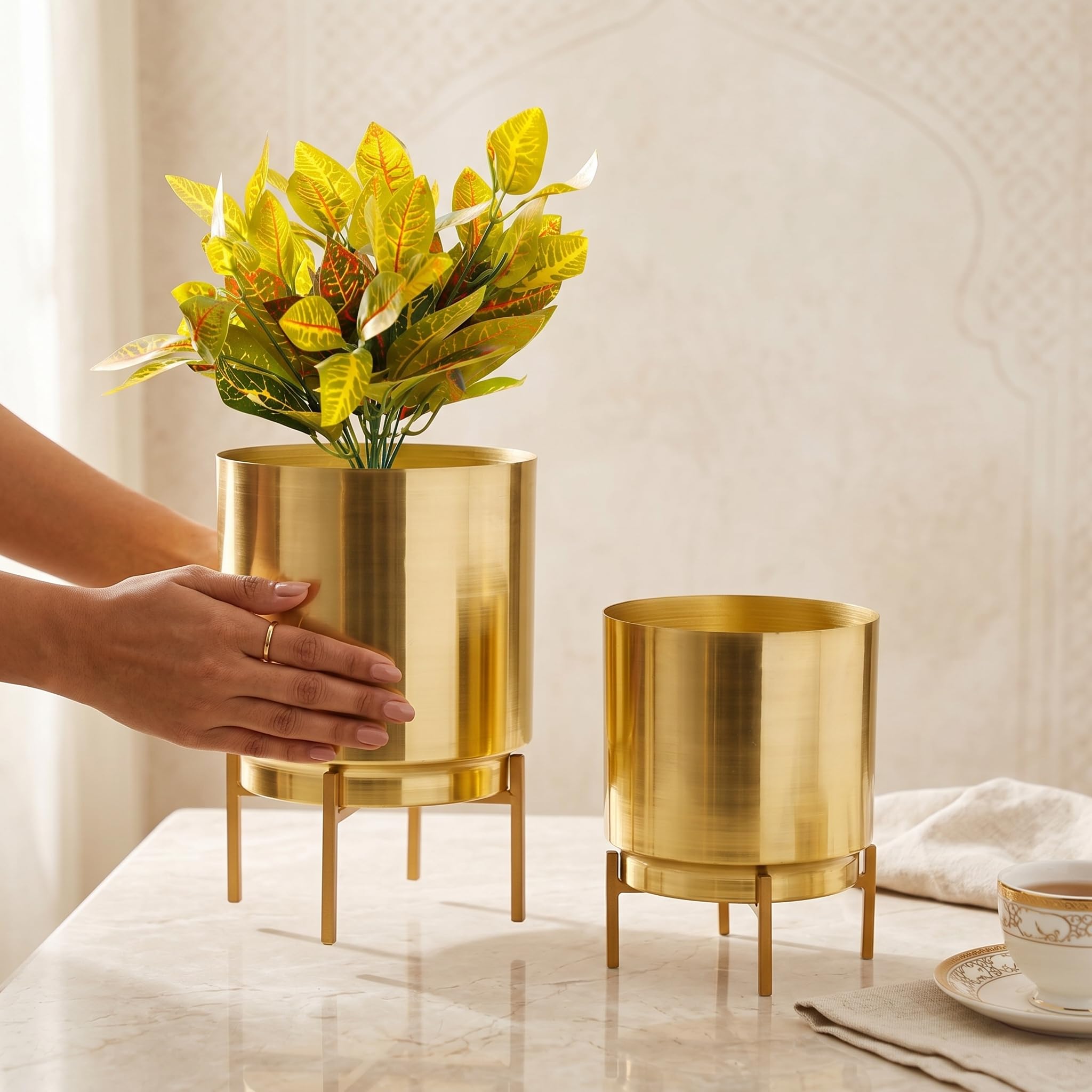 HomeShastra® Ember Gold Metal Planter Set with Stand | 10 Inch & 8 (Height) by 7 Inch & 6 Inch (Dia) | Planters for Living Room, Bedroom Dec (Set of 2) 2