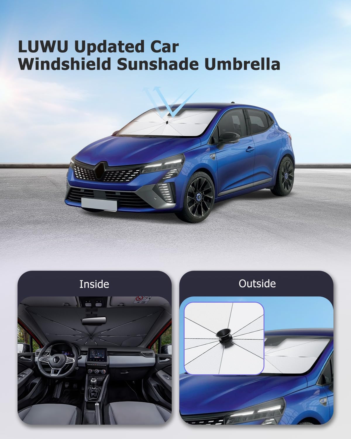 LUWU [Aggiornato] Ombrello Parasole Auto Compatibile con Renault Clio 5 2020-2025 2026 Parabrezza Parasole Auto ad Ombrello Pieghevole per Parabrezza Anteriore Interno Clio 5 Accessori