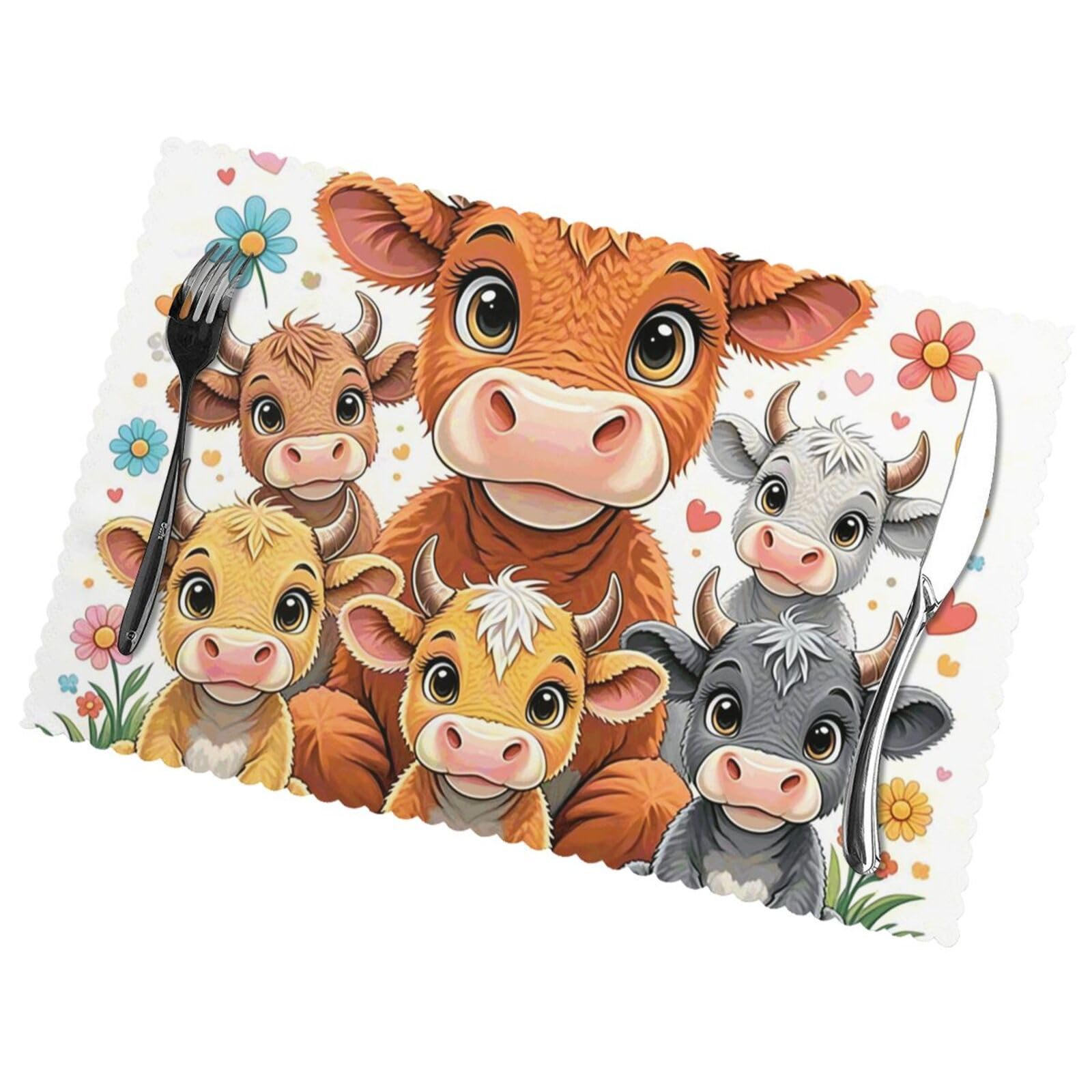 12x18 Inchplacemats Set of 6, Cow Place Mats for Kitchen Dinning, Heat Resistant Anti Slip Table Mats, Waterproof Washable Placemat for Indoor Outdoor Party Kitchen Dining Table Décor