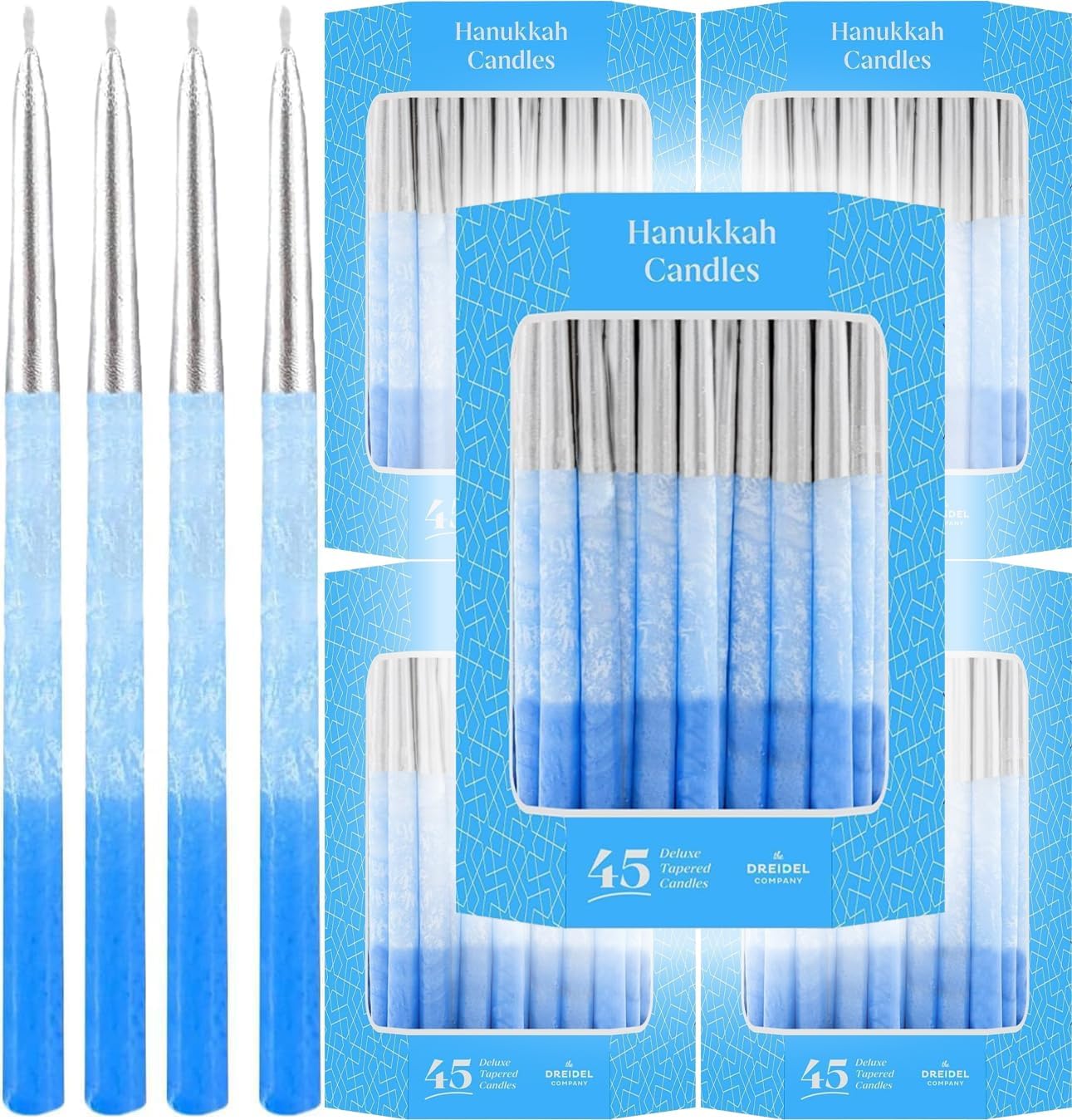 The Dreidel Company 45 Metallic Hanukkah Frosted Premium Tapered Hand Decorated Chanuka Candles (Metallic Silver w/Blue Frost) (5-Pack)