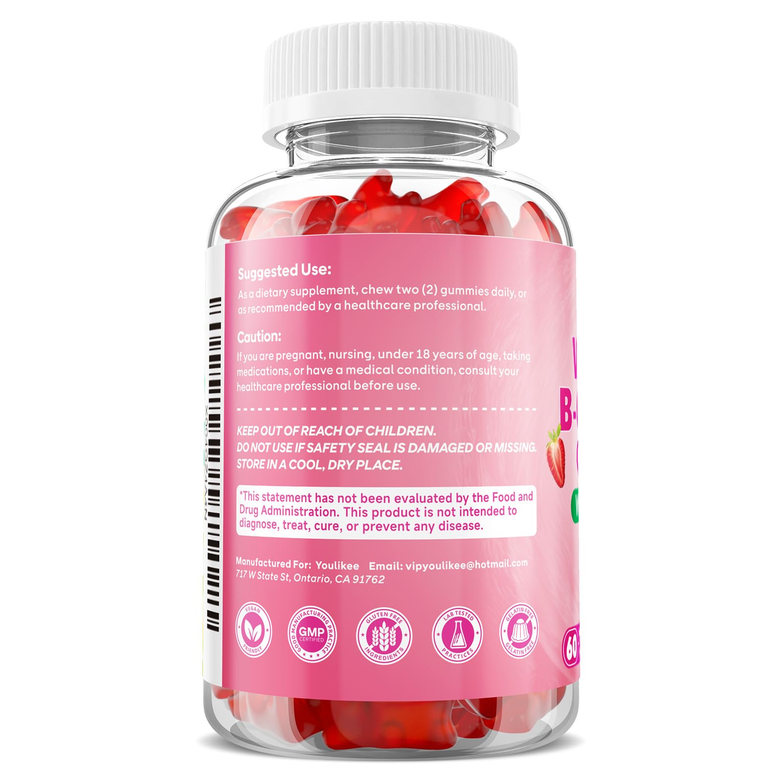 Vitamin B-Complex Gummies for Women & Men, Strawberry Flavor, 60 Count — Amazon image 3