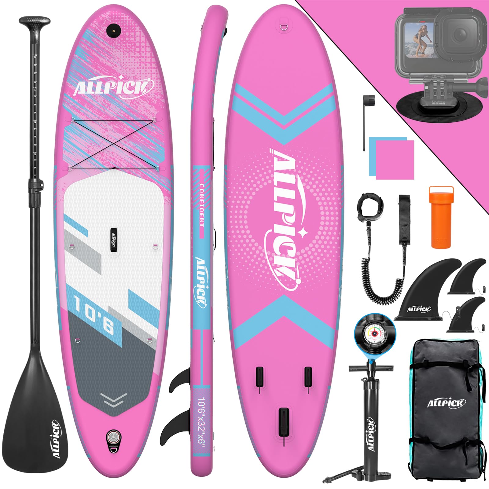 ALLPICK Tabla Paddle Surf Hinchable | Stand Up Paddle Board Sup Premium | Tabla Padel Surf 320 cm | Soporte Universal para Cámara | Remo Ajustable |Principiantes y Avanzados 150 kg/180