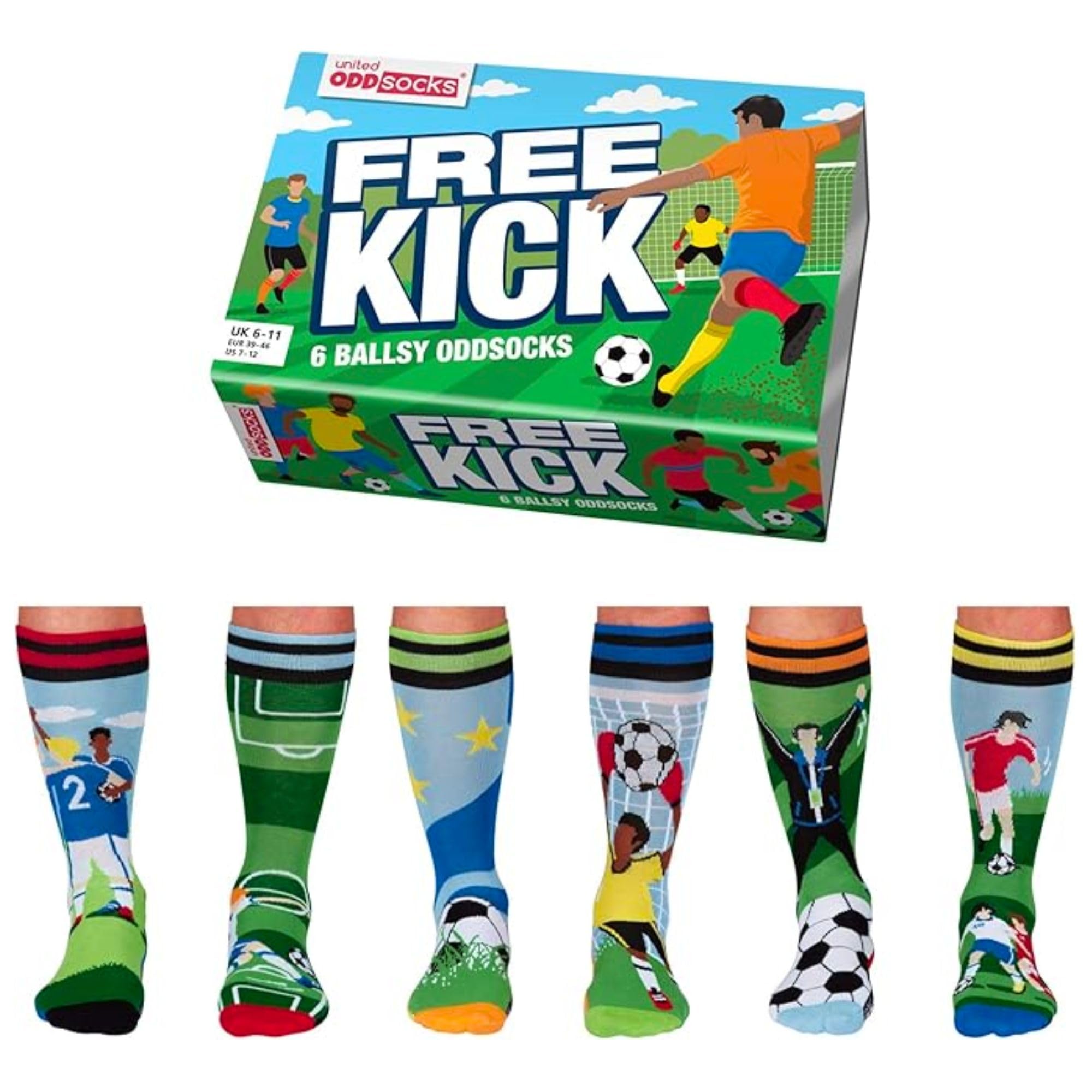 United Oddsocks Free Kick Gift Box – 6 Ballsy Odd Socks for Men – UK 6-11 EUR 39-46 US 7-12 – Football-Themed Novelty Present, Colourful Cotton Rich Crew Socks, Fun Gift for Soccer Fans and Players