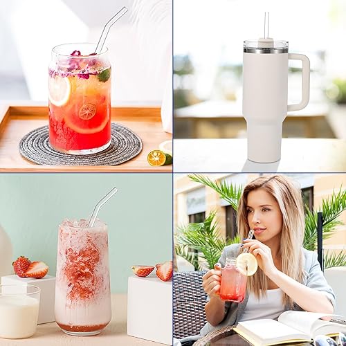 Miniatura 3 de Juego de 12 pajitas reutilizables de vidrio transparente, de 0.433 x 0.394 in y 0.354 x 0.394 in, resistentes a los golpes, cada una incluye 3