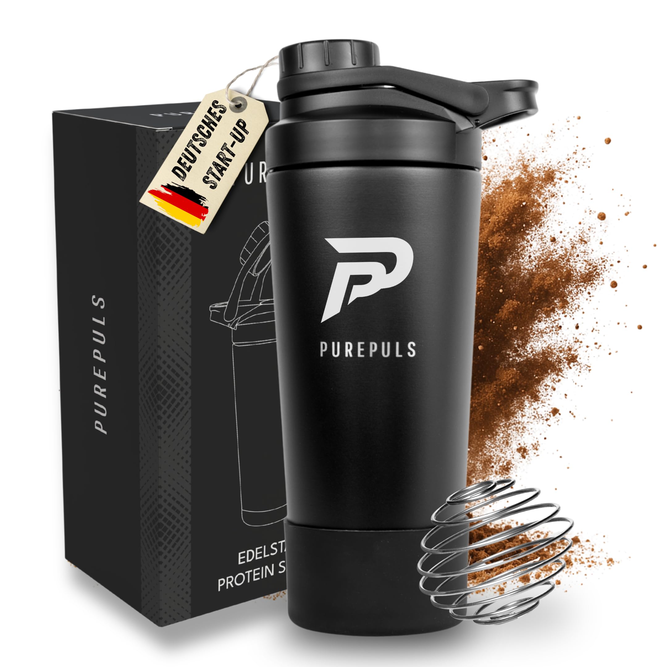 Protein Shaker Edelstahl 750 ml Schwarz — Doppelwandig Isoliert, Auslaufsicher mit Schraubverschluss, Mix-Ball inklusive & Frucht-Infuser, 304 Edelstahl, BPA-frei, Spülmaschinenfest (45°)