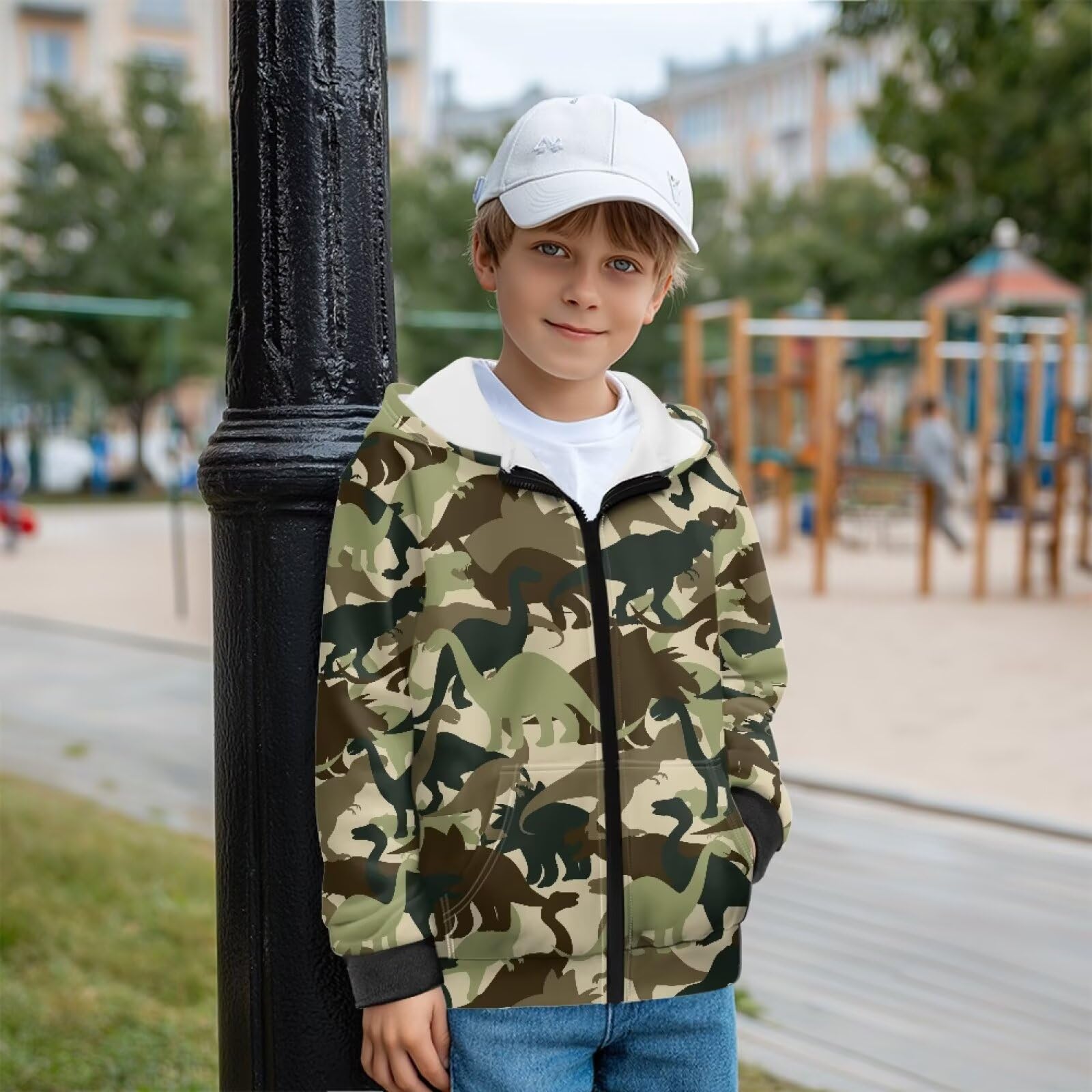 Xoenoiee Dziecięce bluzy z kapturem dla chłopców, zapinana na zamek, bluza 3D, fajna grafika zwierzęca, sweter z długim rękawem, top na jesień i zimę, Zielone abstrakcyjne dinozaury, 14-16 Years