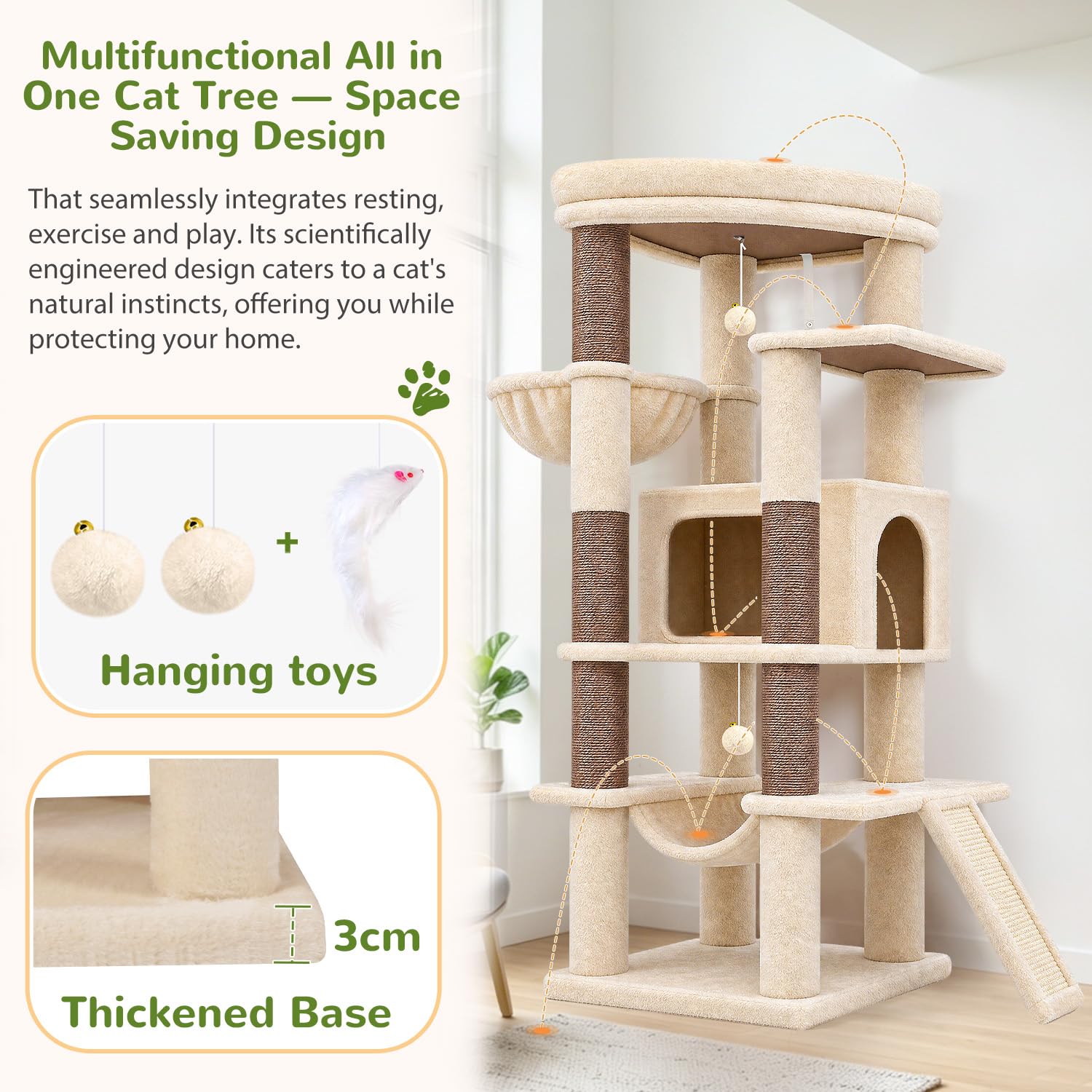 Globlazer Árbol Rascador Beige Estable con Inmenso Acolchada Plataforma 48*48CM, Grande Nido, Hamaca, Pendiente de Sisal, Cesta, Árbol Rascador 143 cm para Múltiple Gatos Adulto Interior (S56, Beige)