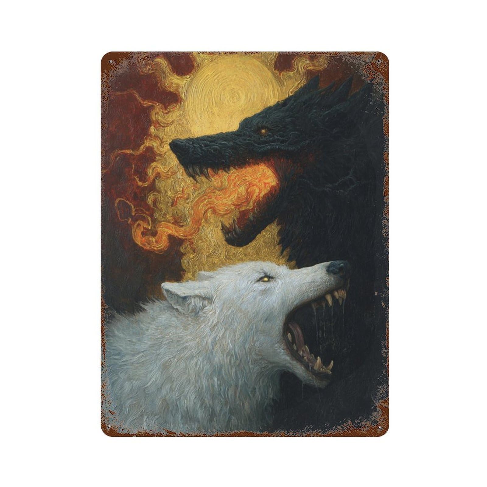 Fiery Wolves Artistic Battle Vintage Rust Metal Sign 15.7"x11.8", Ideal for Bistro, Counter And Cafe Decor
