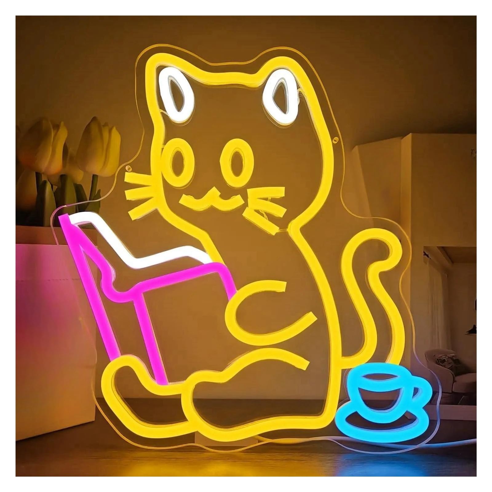 Luz de Diseño de Digital Libro De Lectura De Gato Letrero De Neón Lectura De Animales Luz LED Regulable Para Colgar Decoración De Pared Para Sala De Estudio Decoración 33cmx35cm