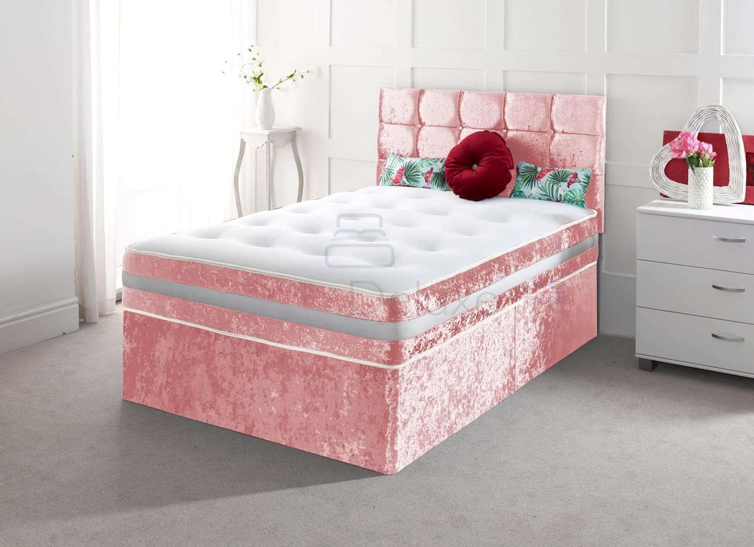 – Comfy Deluxe LTD 4FT Small Double Bed Set with Sprung Memory Foam Mattress - Pink Crushed Velvet Divan Bed Frame with 20" Cubic Headboard, Chrome Glider Feet & 2 Drawers Foot End - UK Made