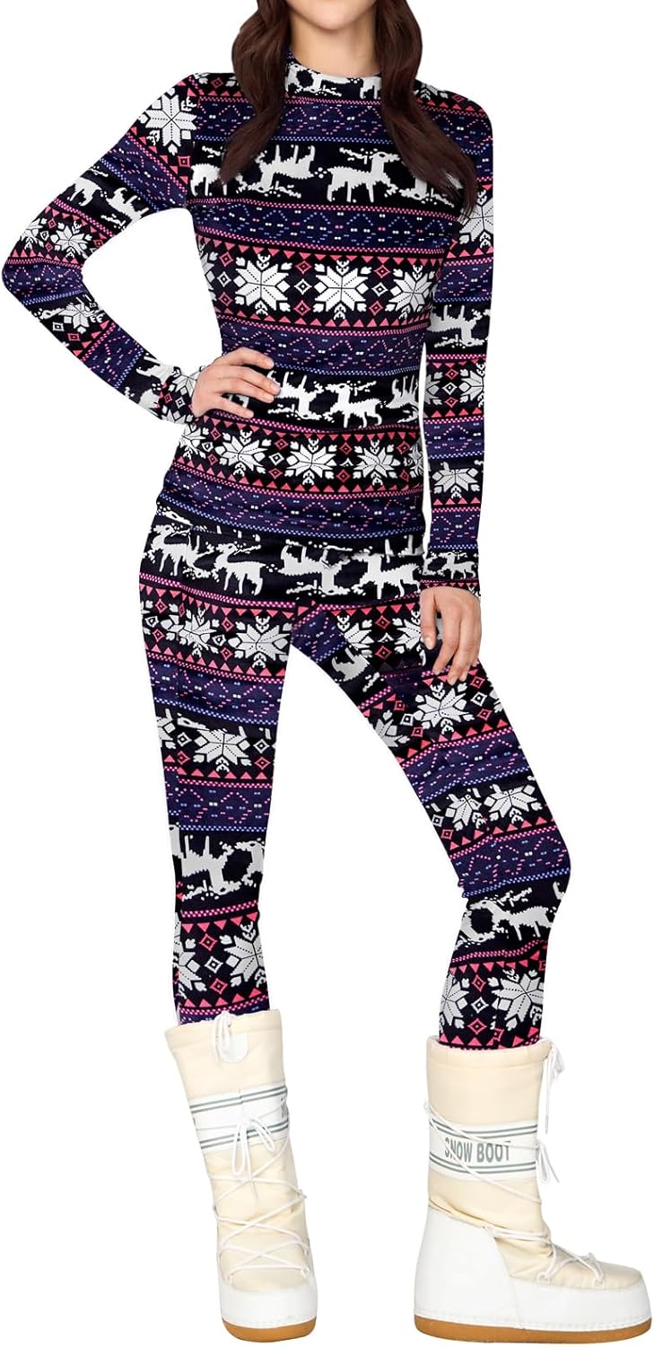 Yousify Womens Thermal Underwear Set Long Johns Tops & Bottoms Winter Slim Graphic Printed Ski Base Layer Sets