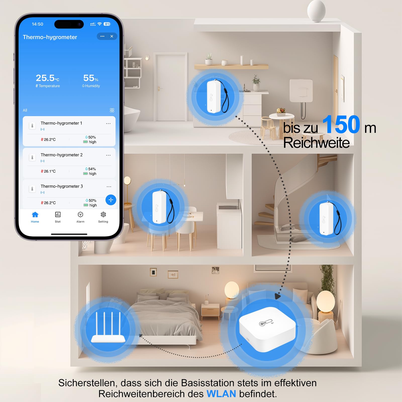 WLAN Thermometer Hygrometer mit App, 150m Reichweite für Innen Außen, Tuya Smart Life kompatibel für Gewächshaus Weinkeller, 3 Sensoren + Basisstation
