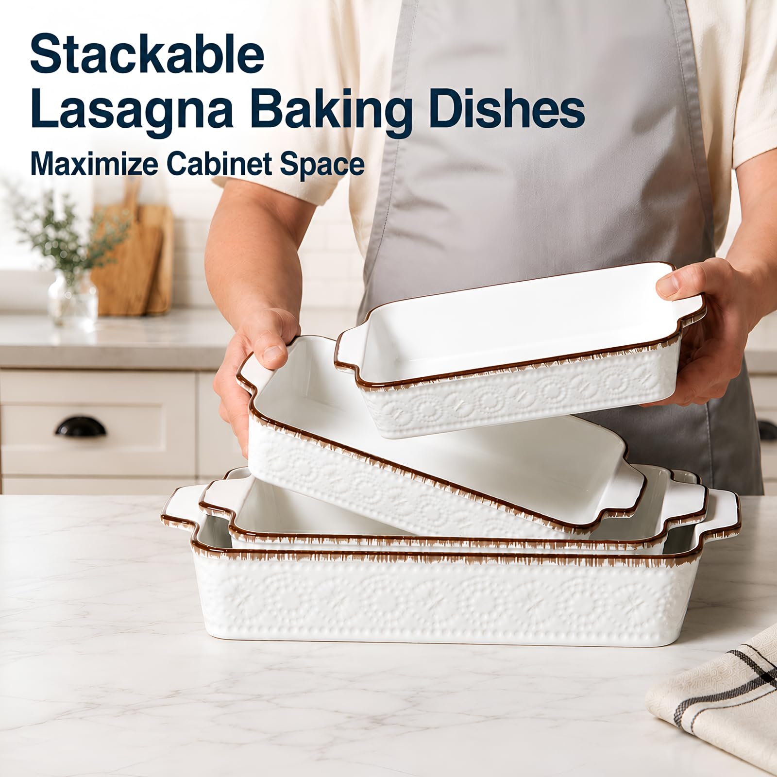 ONEMORE Zestaw 4 foremek do zapiekanek, prostokątne, ceramiczne, z uchwytami do tiramisu, lasagne, nadają się do piekarnika, kuchenki mikrofalowej, mycia w zmywarce, odporne na zarysowania, można