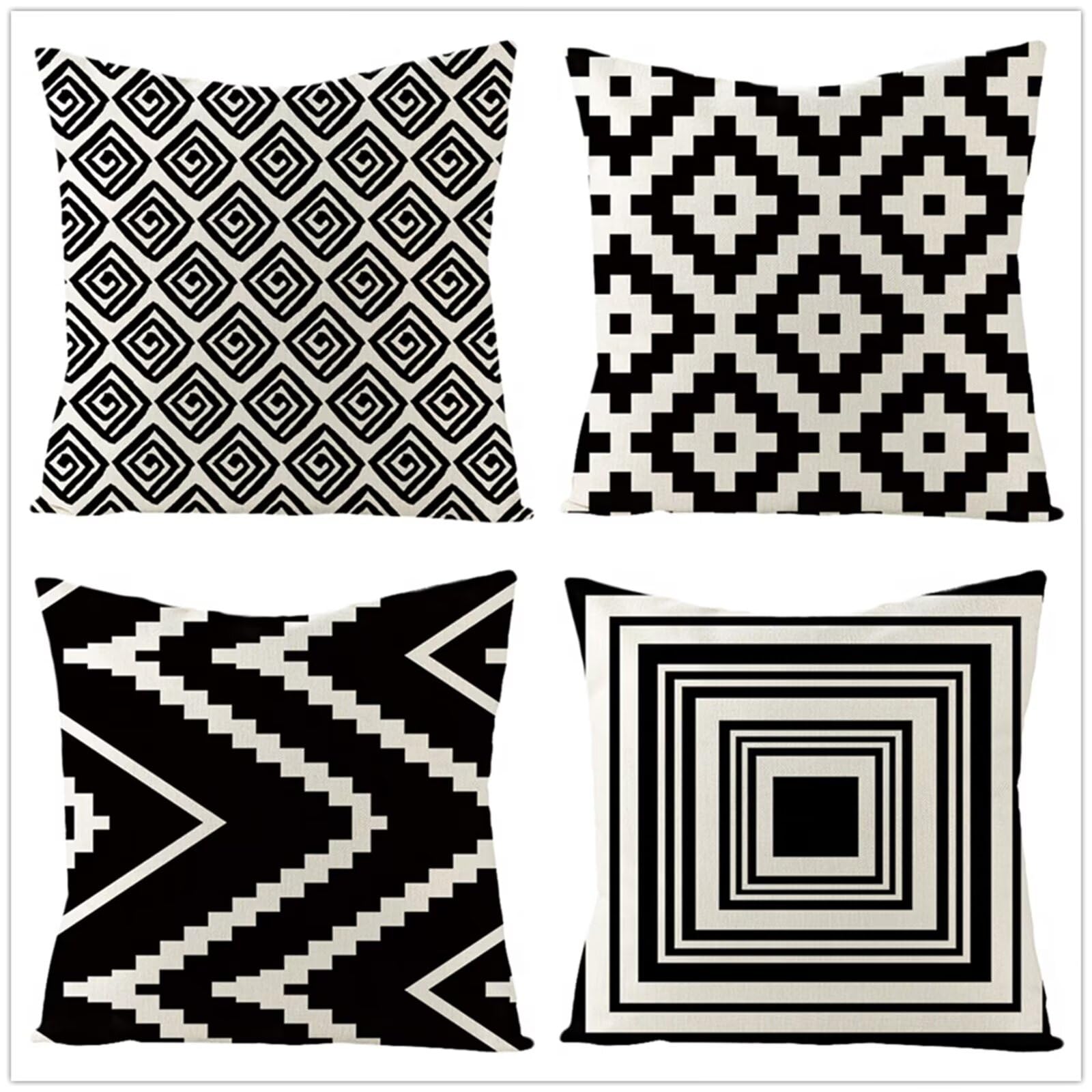 Fodere Per Cuscini 70x70cm Fodere per cuscini Federe per cuscini decorativi in Lino Protezioni con cerniera invisibile per divano Divano Sedia per auto Geometria nera