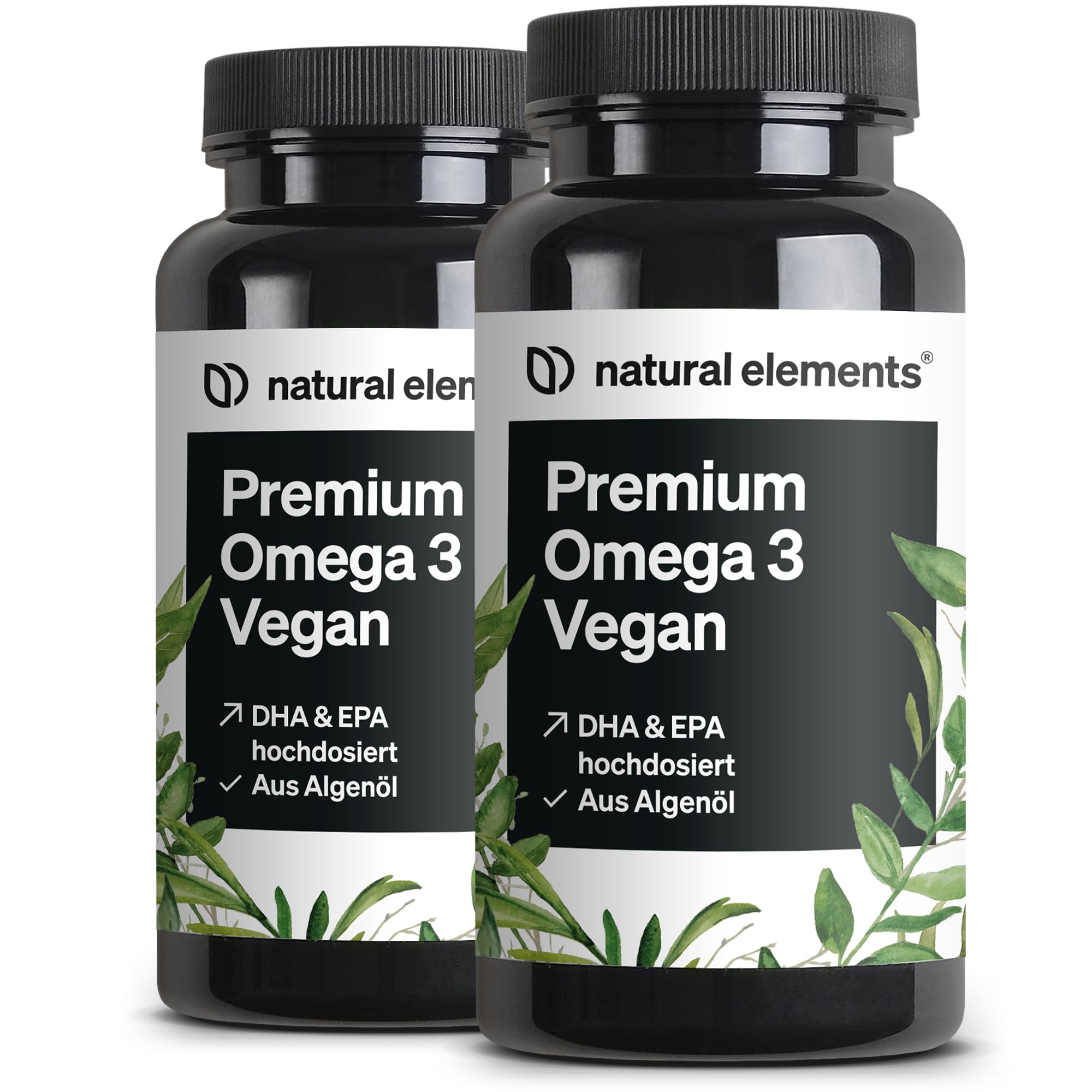 natural elements Premium Omega 3 Vegan (2er Set)– 2x 60 Kapseln – 2000mg Algenöl, 800mg DHA und 400mg EPA pro Tagesdosis – Omega-3 für Veganer – hochdosiert, ohne unnötige Zusätze, laborgeprüft