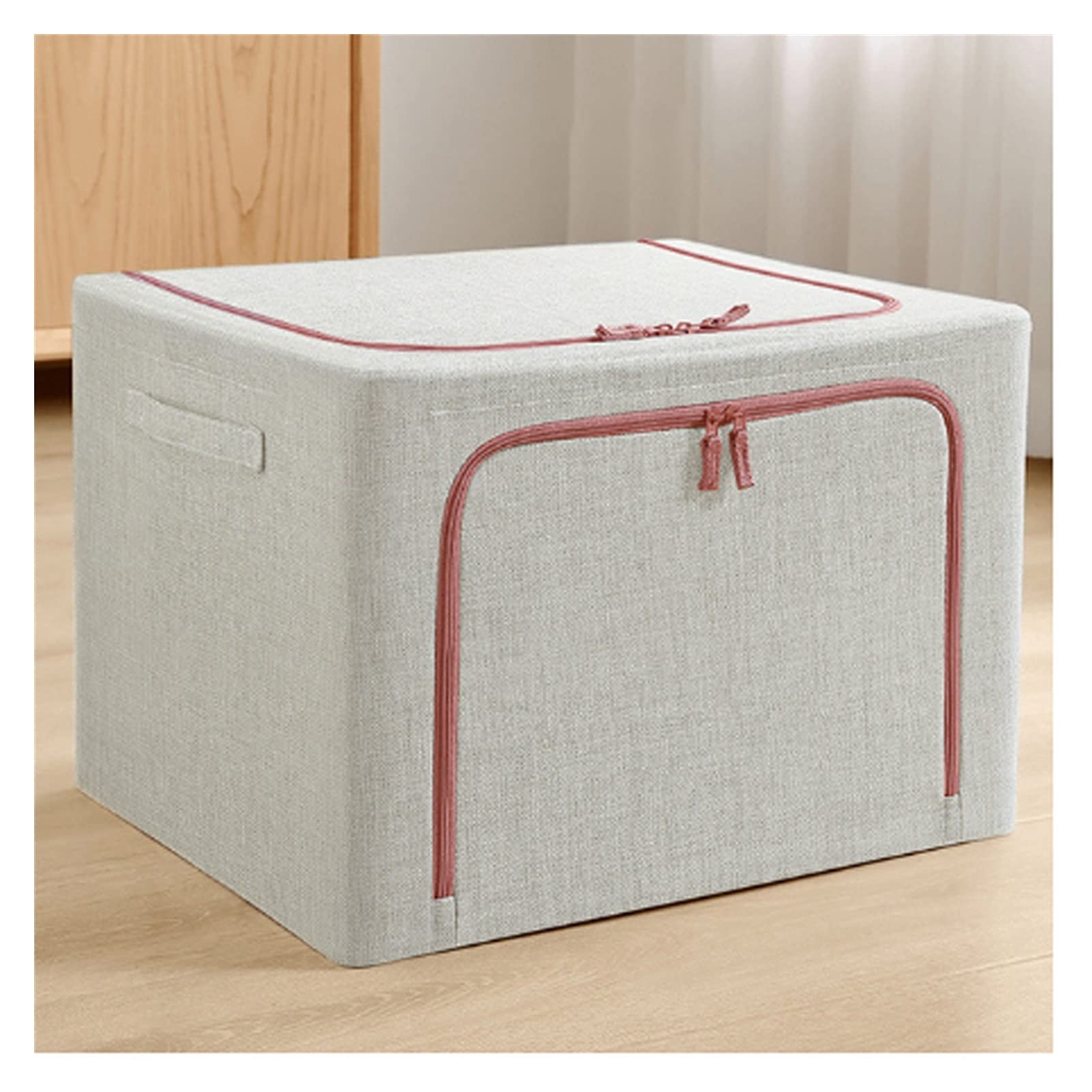 YWMEAC Stackable Closet Storage Boxes Organizing, Double Door Fabric Storage Boxes Organiser with Zippe/Khaki/55L