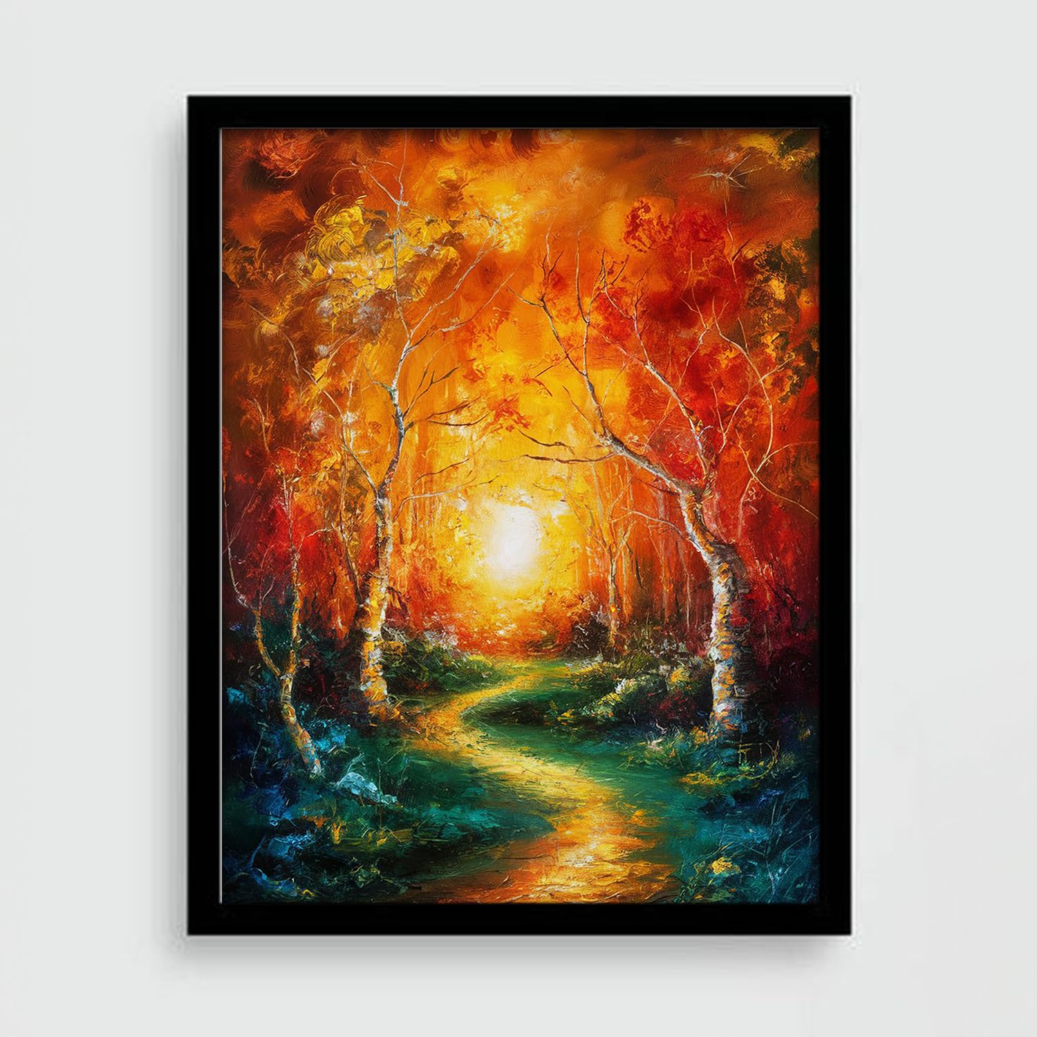 Vibrant Forest Sunset Oil Painting with Black Frame for Living Room Bedroom and Office | 21 x 31 cm