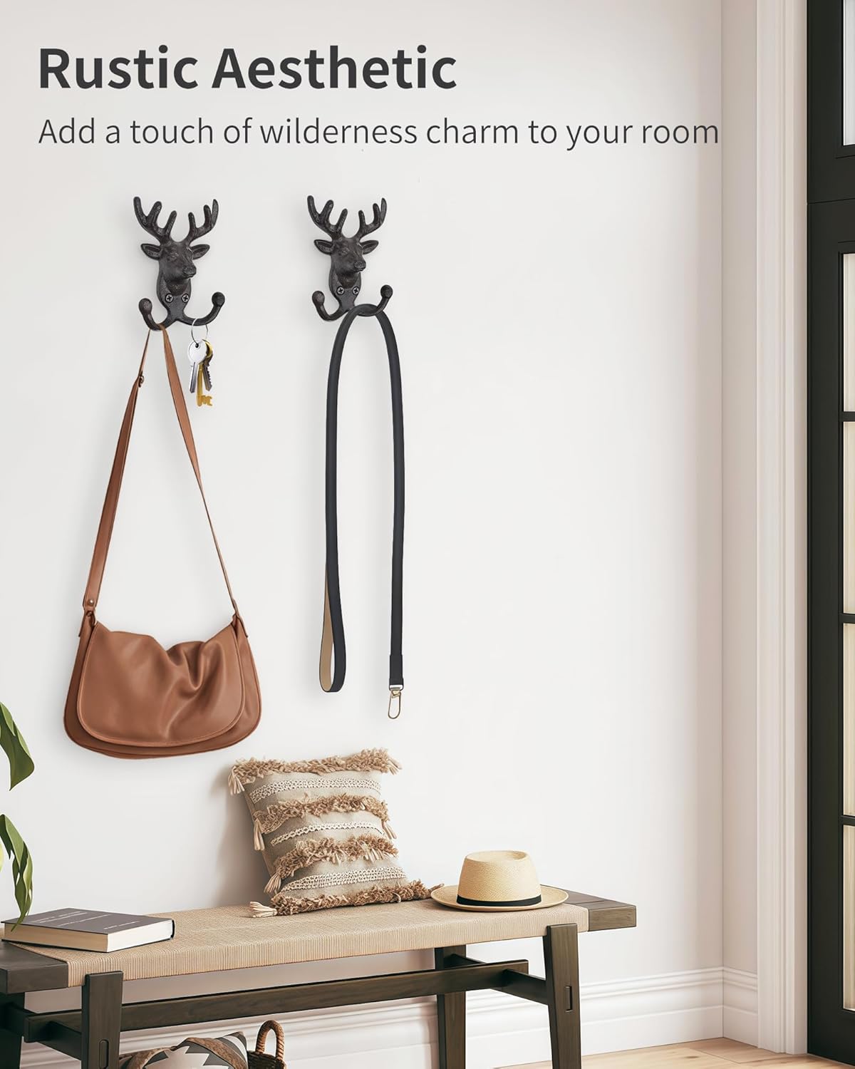 Rustic Deer Head Cast Iron Wall Hooks - Heavy Duty Decorative Coat Hooks Wall Mount for Hanging Key Hat Towel Leash, Vintage Animal Decor Hanger for Farmhouse Cottage Entryway Mudroom 2 Pack