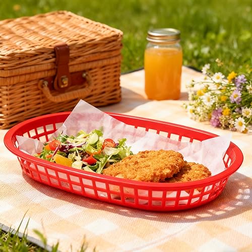 Miniatura 7 de MANCHAP Paquete de 50 cestas de plástico de 10.6 x 7 pulgadas para servir comida rápida, cesta ovalada de plástico para pan, frutas, perros