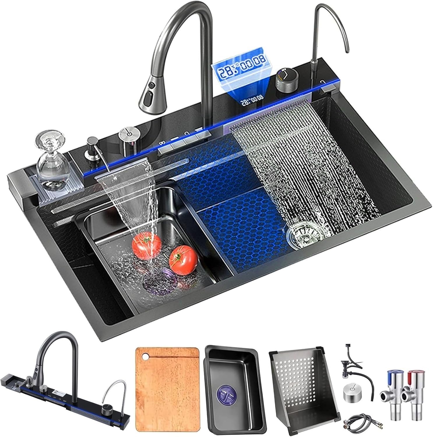 Waterfall Kitchen Sink with Faucet Smart Black Stainless Steel Workstation Sink with Honeycomb Nano Coating Luxury Single Bowl Kitchen Sink with Waterfall, Drop in Kitchen Sink with LED Displa