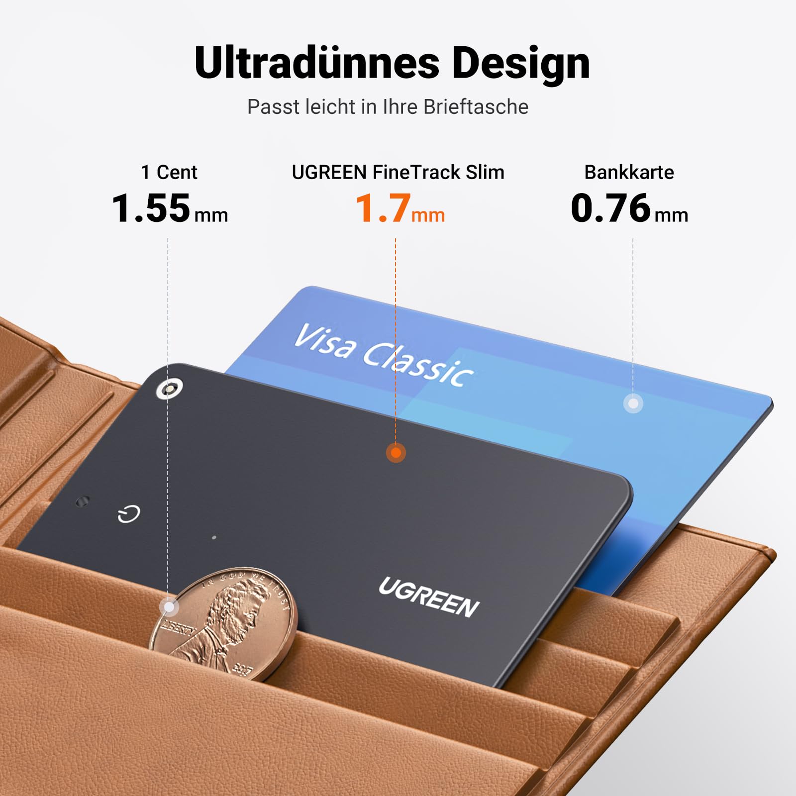 UGREEN FineTrack Slim kompatibel mit Apple Find My (nur iOS), Bluetooth Tracker, IP68 Wasserdicht, wiederaufladbarer Geldbörsenfinder, SmartTag Tracker Karte für Wallet, Reisepässe, Gepäck